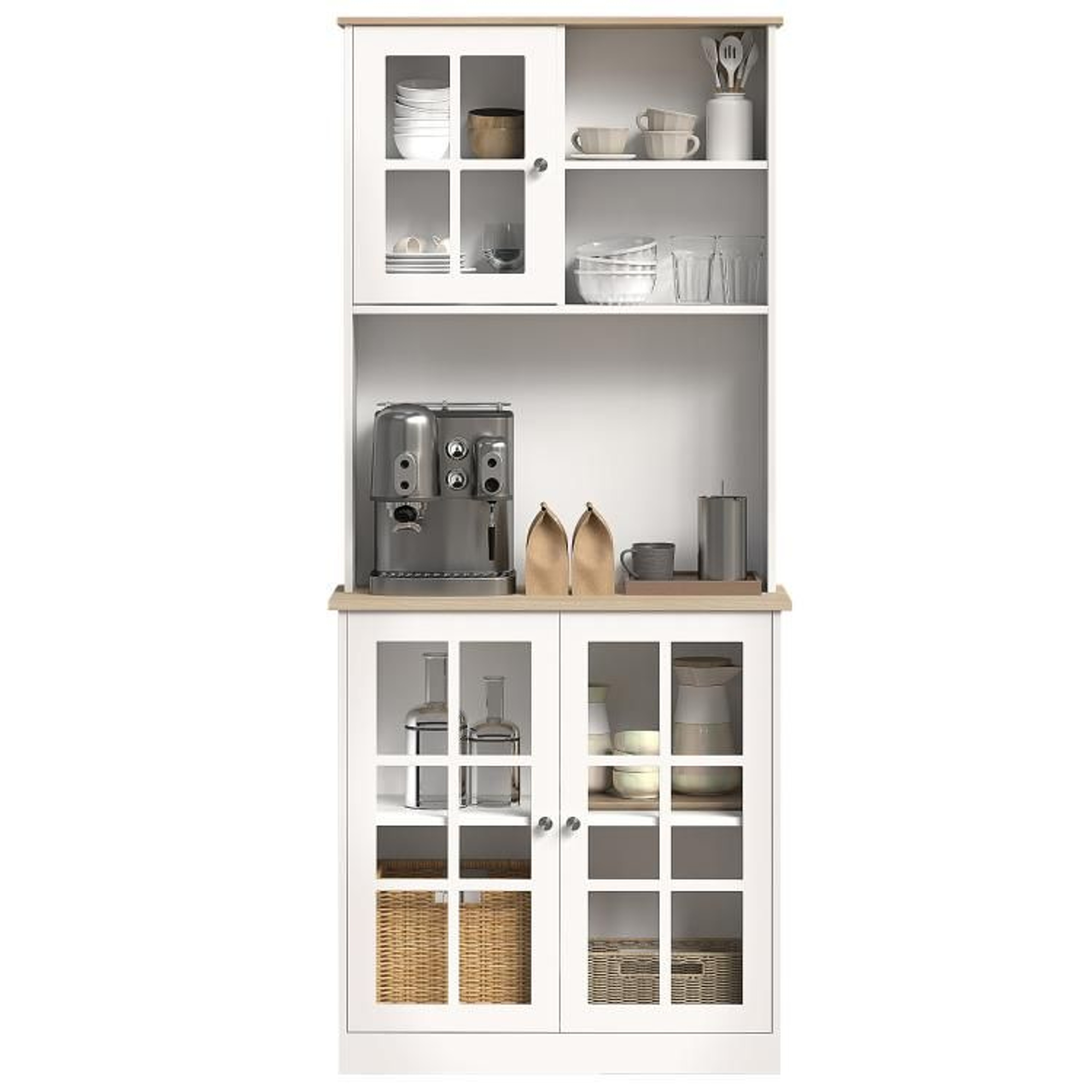 72Inch Freestanding Kitchen Pantry Storage Cabinet With Hutch And Glass Doors 1