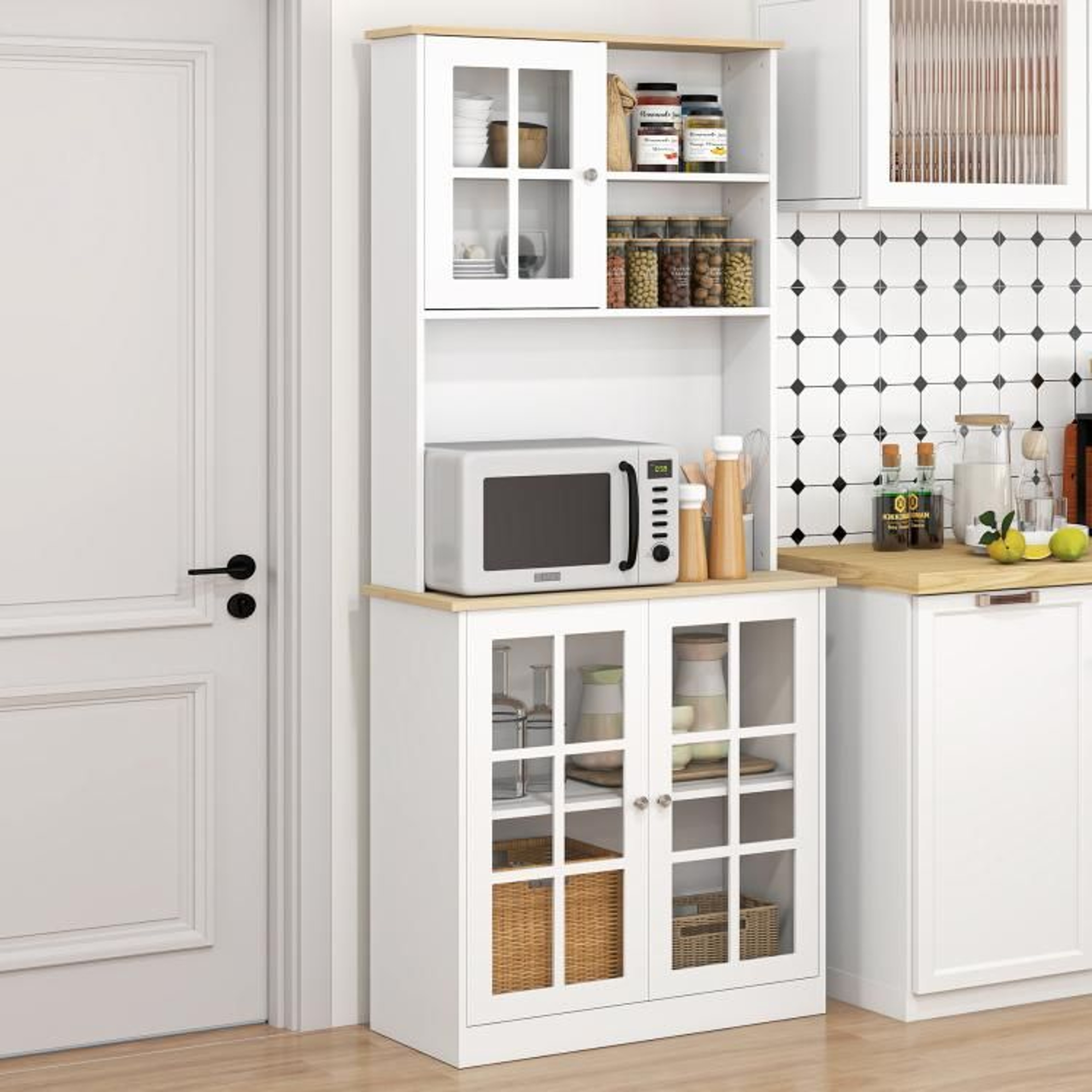 72Inch Freestanding Kitchen Pantry Storage Cabinet With Hutch And Glass Doors 3