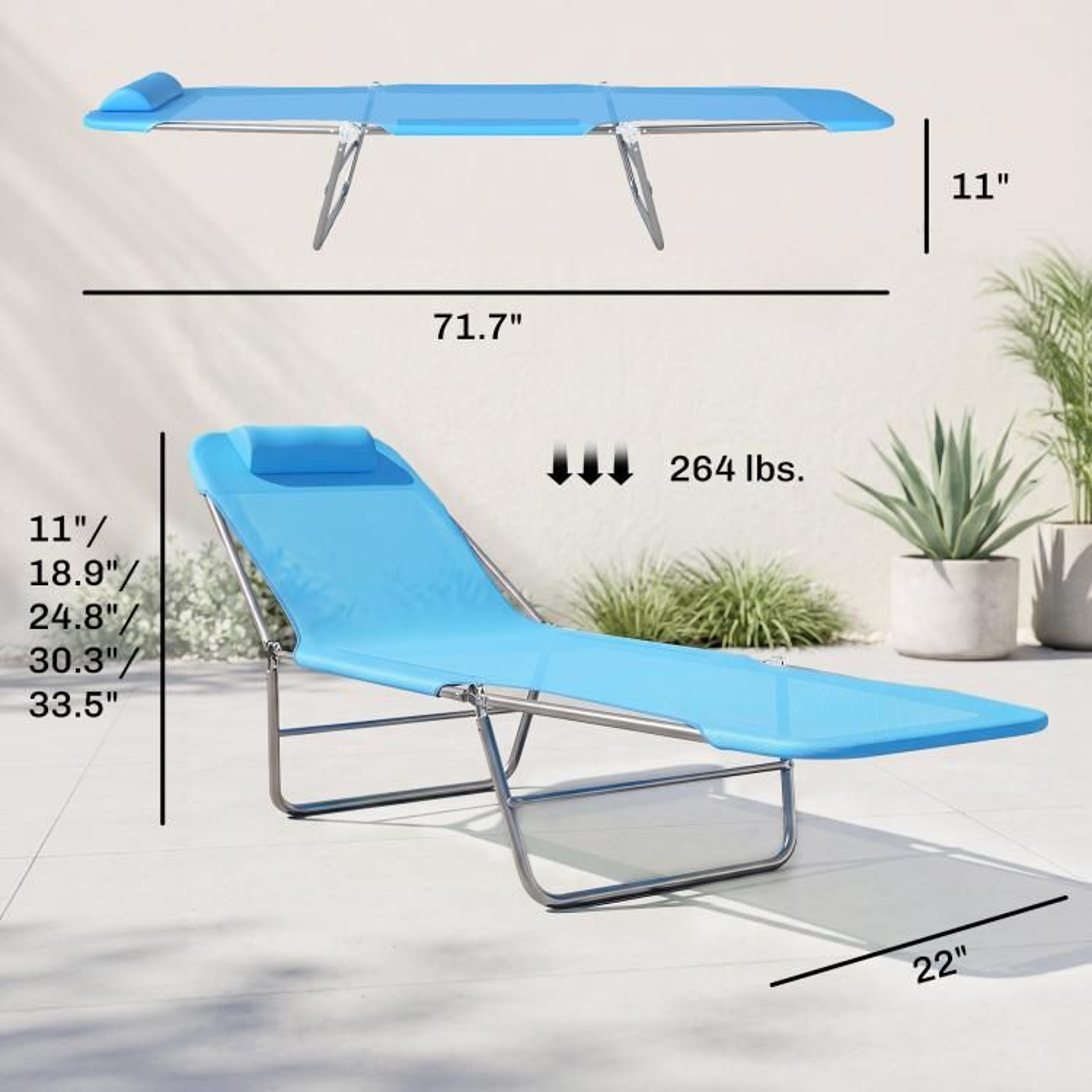 Folding Outdoor Chaise Lounge Chair With Adjustable Backrest And Pillow  Blue 4