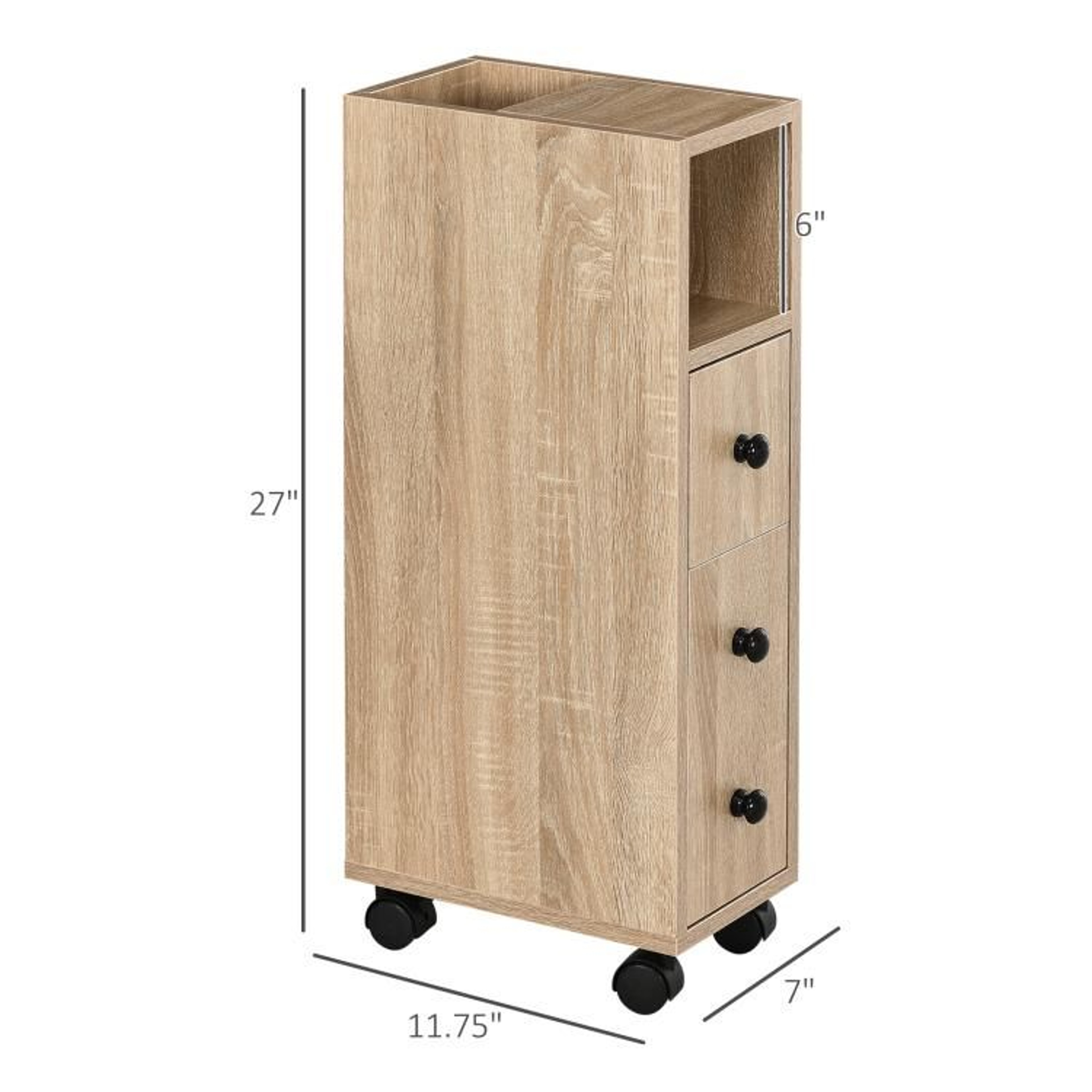 Slim Rolling Bathroom Storage Cabinet With Drawer And Locking Wheels  Oak 4