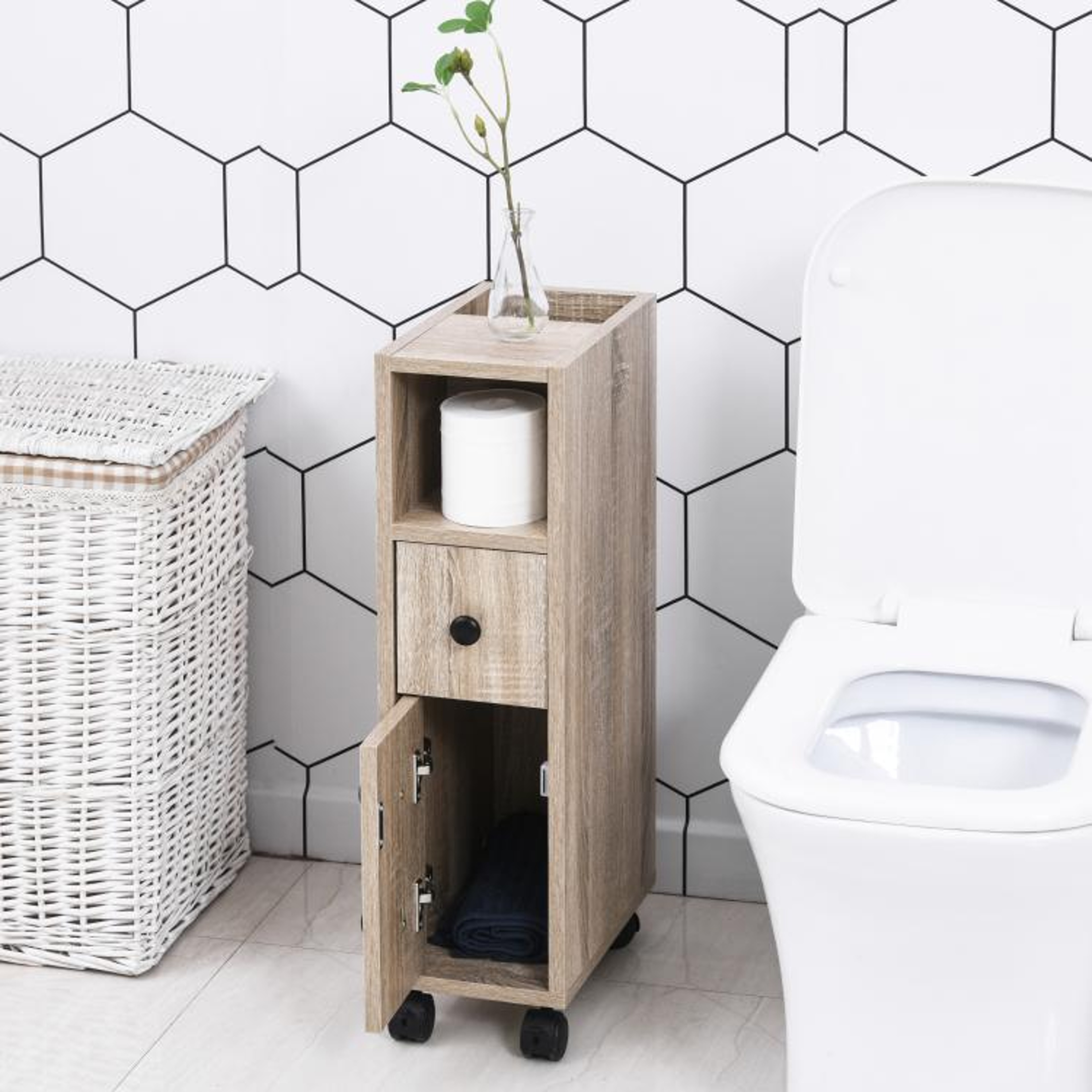 Slim Rolling Bathroom Storage Cabinet With Drawer And Locking Wheels  Oak 3