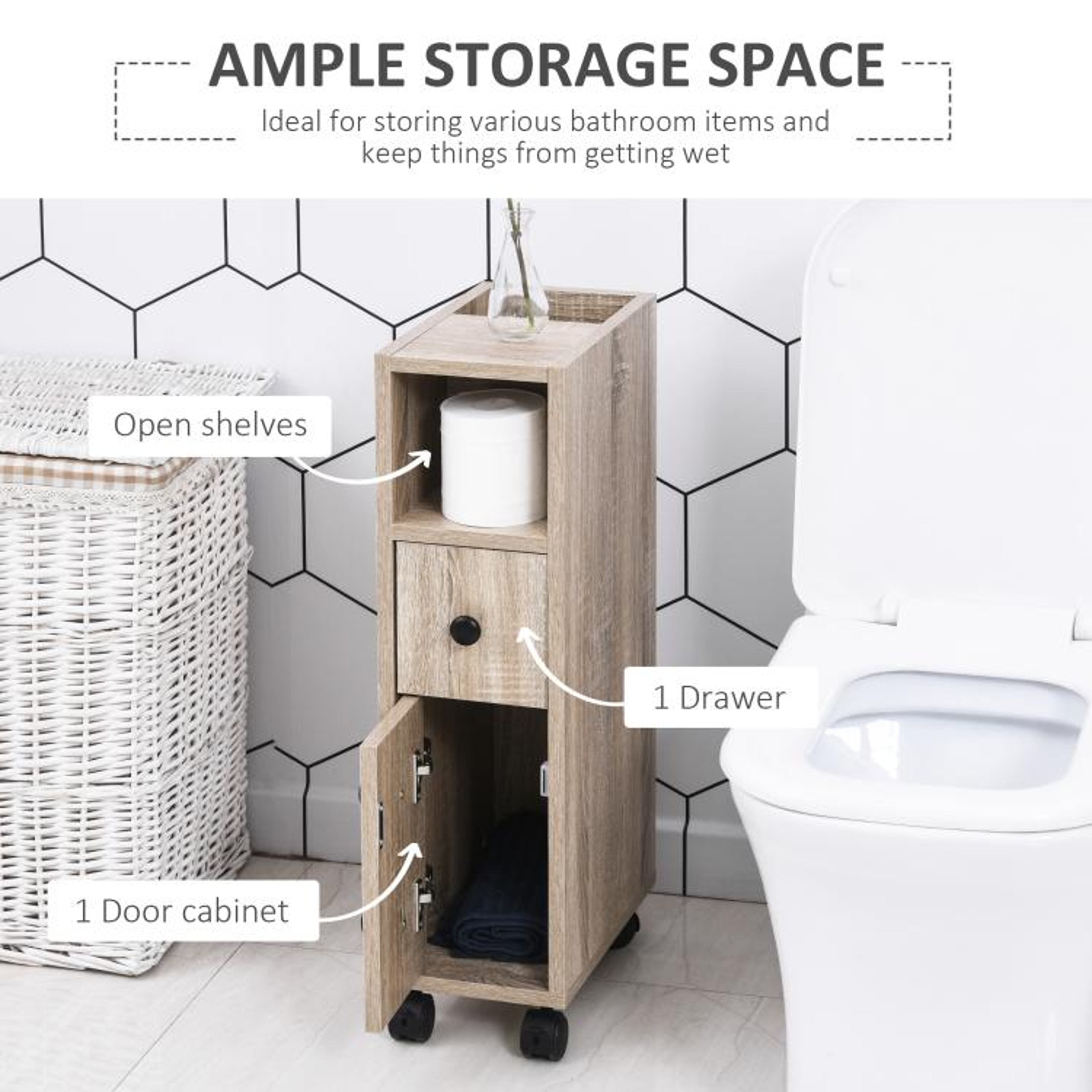 Slim Rolling Bathroom Storage Cabinet With Drawer And Locking Wheels  Oak 5