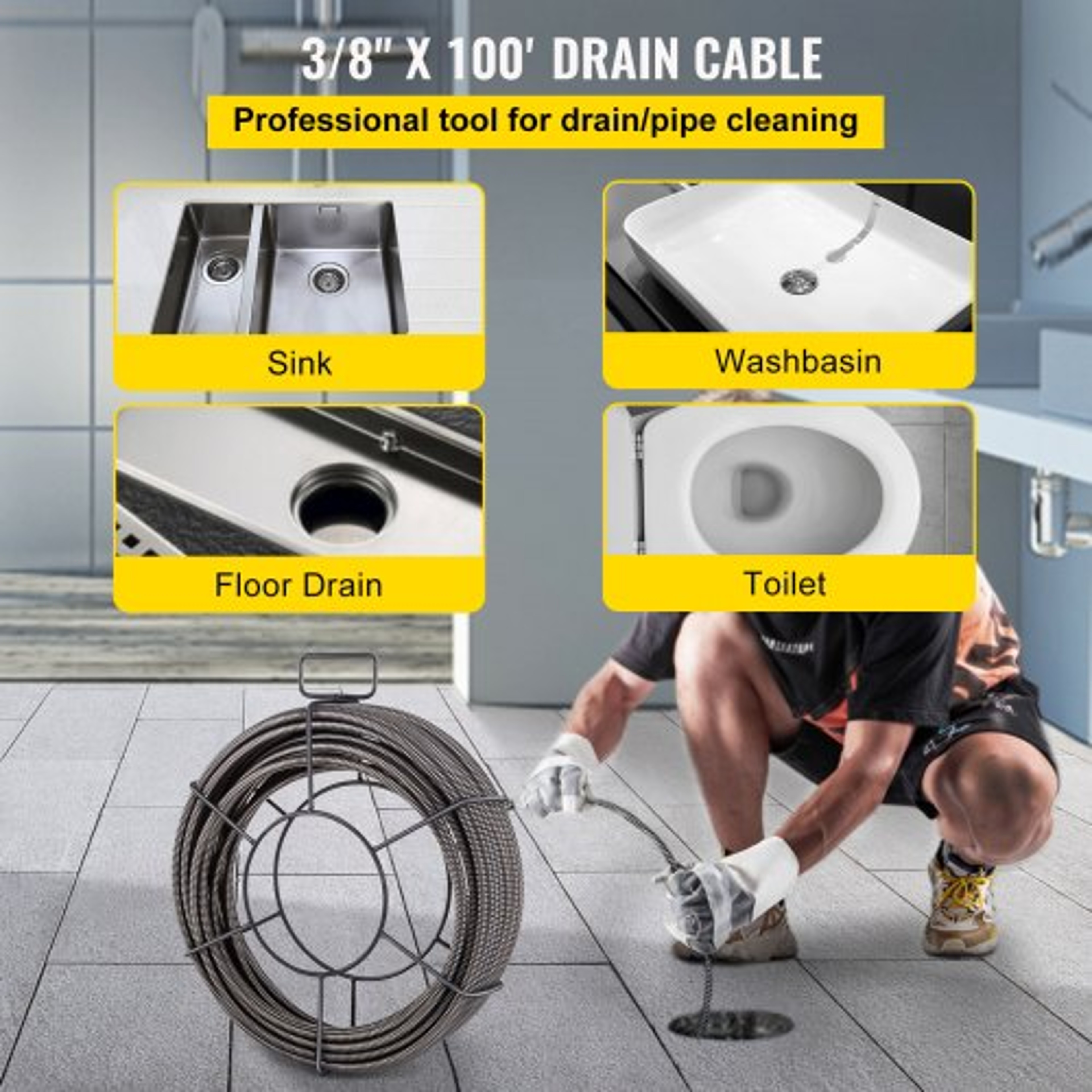 100ft Professional Drain Cleaning Cable 38 Solid Core Cable Sewer Snake For 24 Pipes HeavyDuty Drai 2