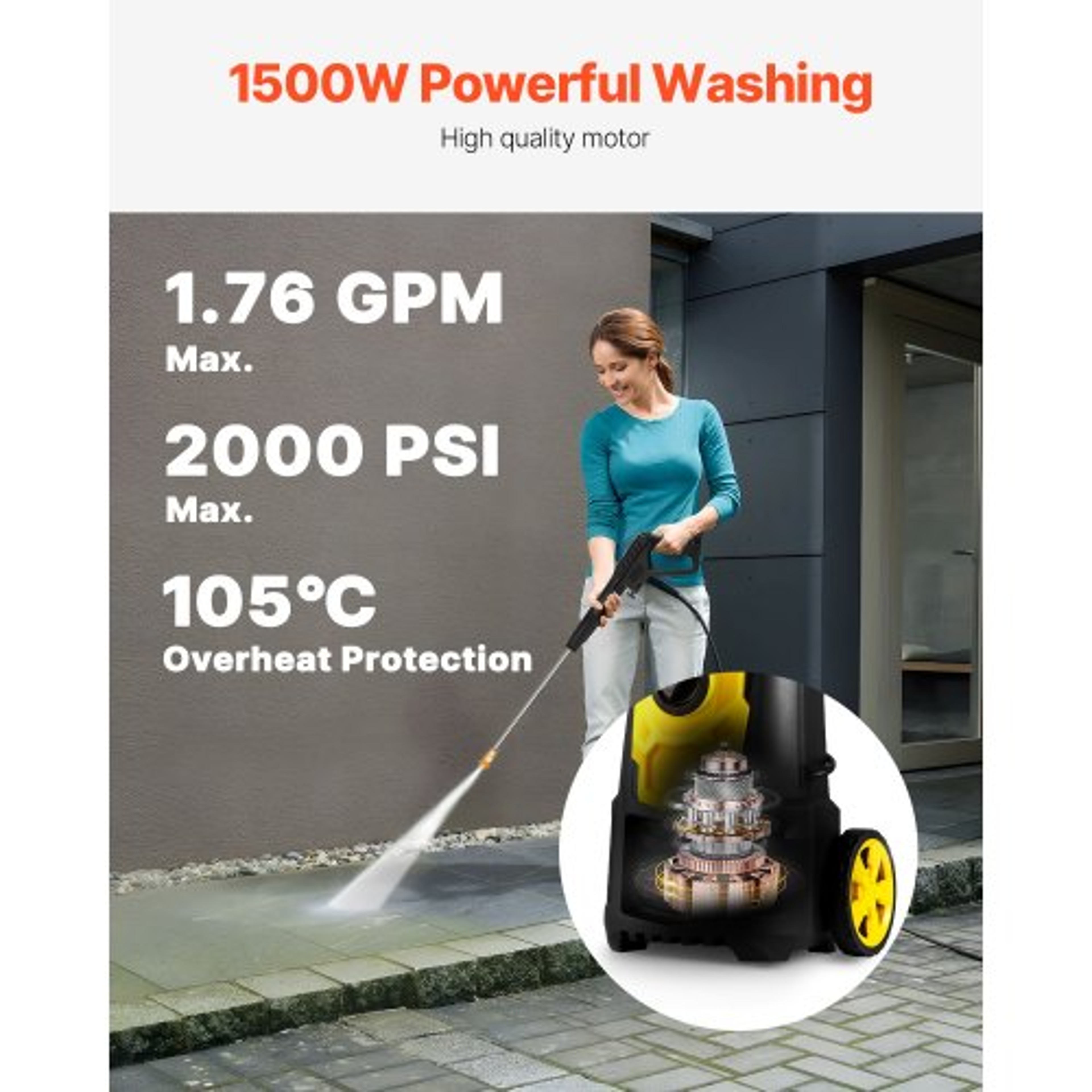 2000PSI 1.76 GPM Power Washer w/ 30 ft Hose, 5 Quick Connect Nozzles & Foam Cannon, Portable Electric Pressure Washer – view 3