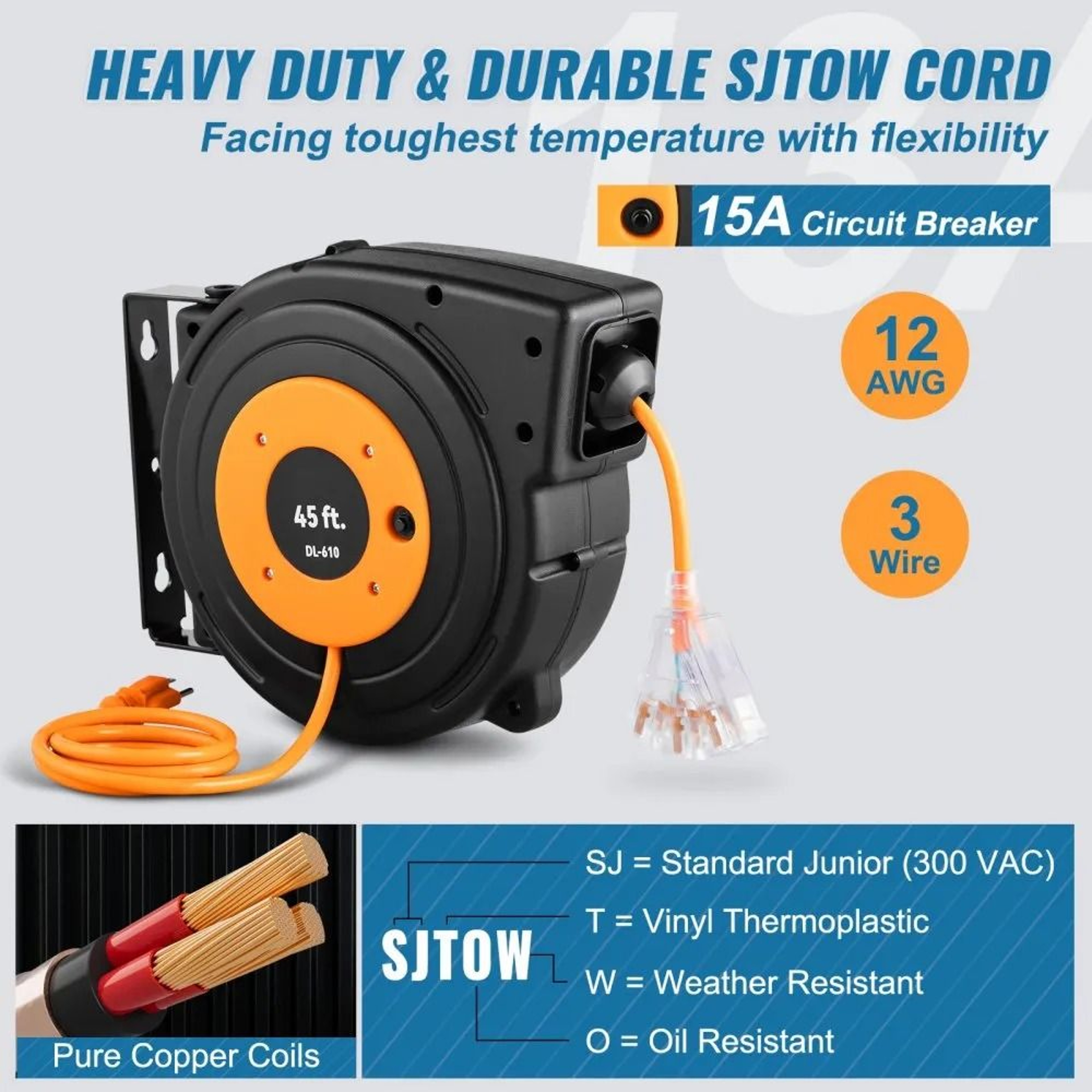 Heavy Duty Retractable Extension Cord Reel Power Cord 6