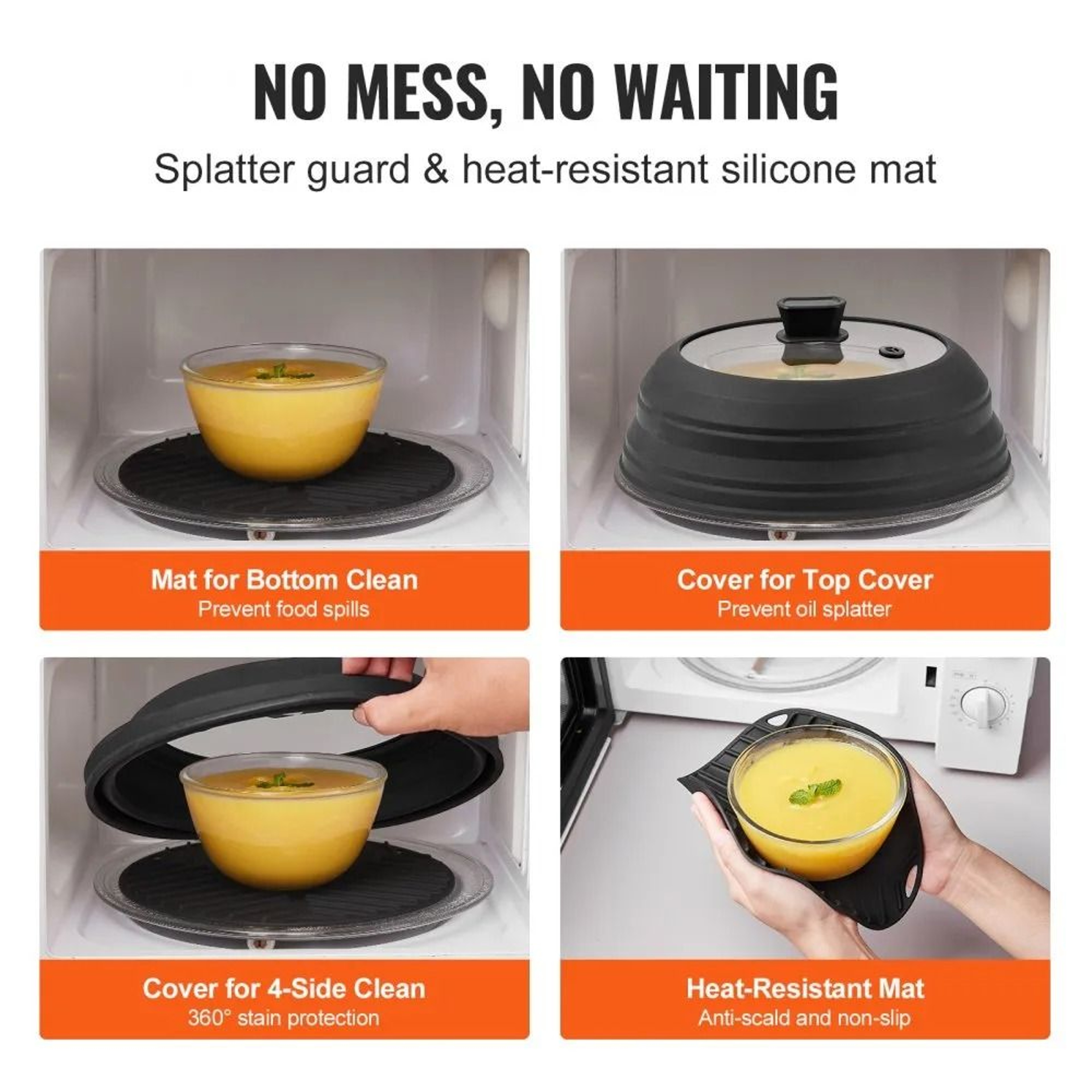Collapsible Microwave Splatter Cover With Silicone Mat Heat Resistant Food Lid 5