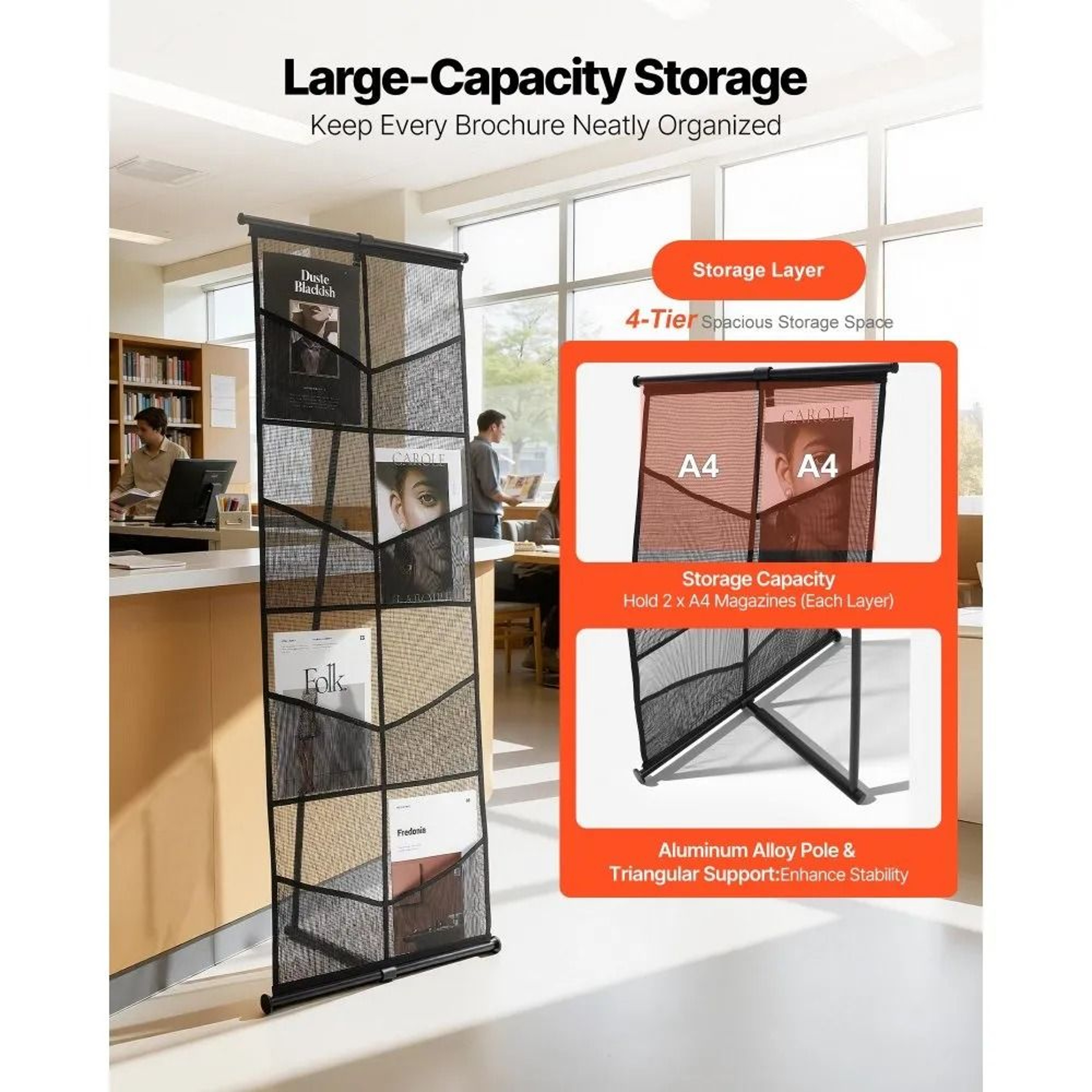 Brochure Display Stand 4Tier Portable Literature Display Rack With 8 Mesh Pockets 1
