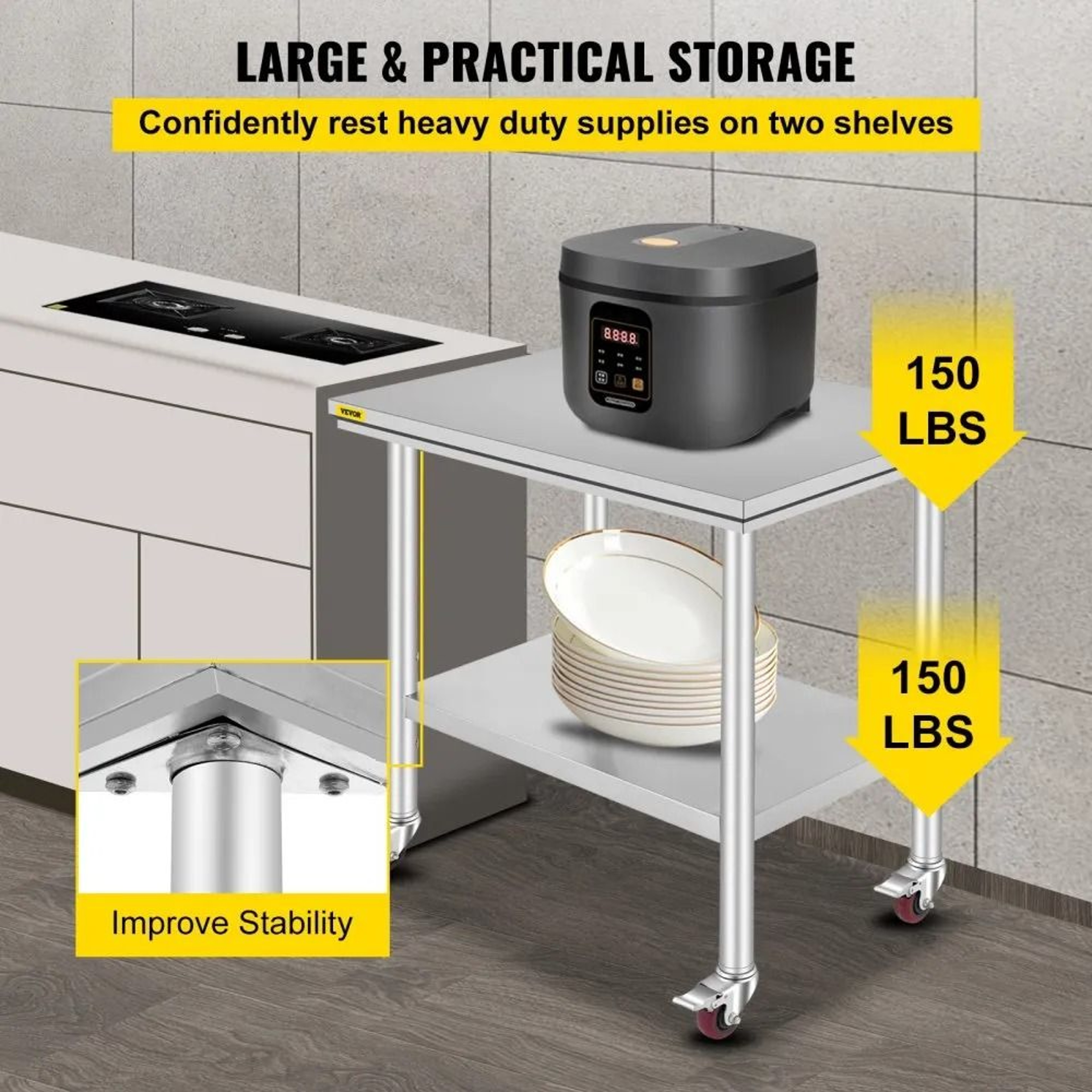 Heavy Duty Commercial Stainless Steel Work Table With Wheels And Adjustable Height 4