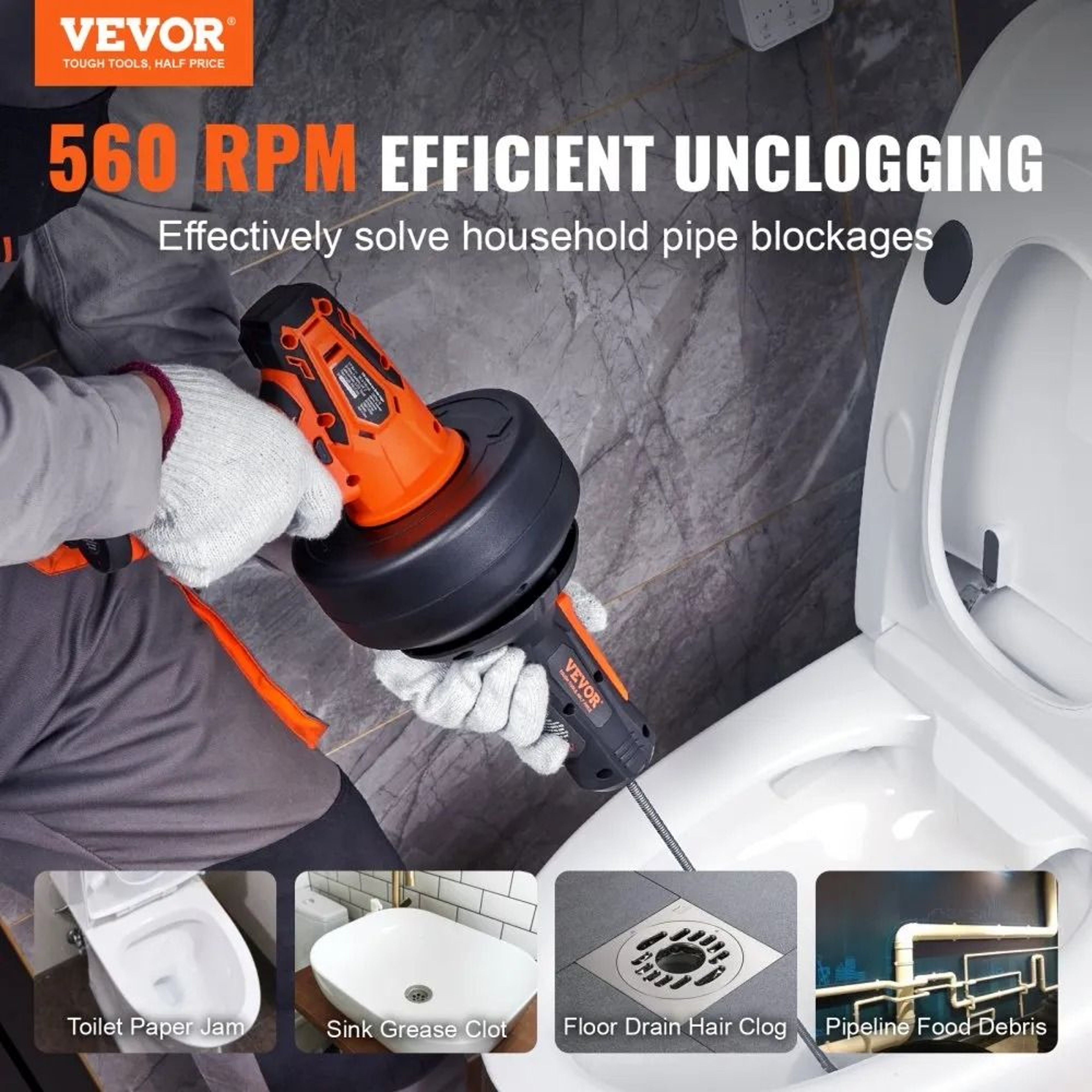12V Electric Drain Auger 25FT Cordless Plumbing Snake With Auto Feed 5