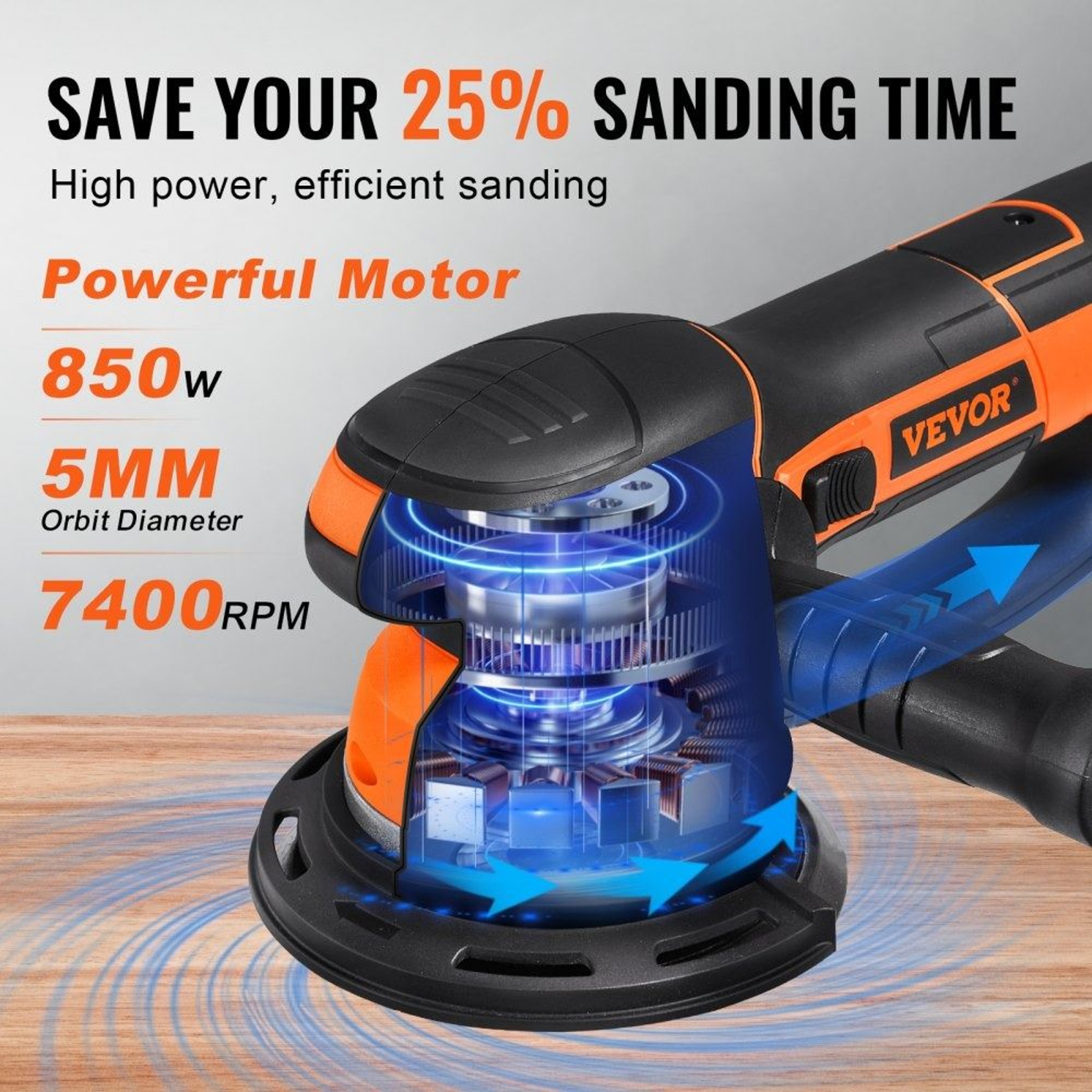 6 Inch Random Orbital Sander 850W Dual Action Electric Palm Sander With Variable Speed 4