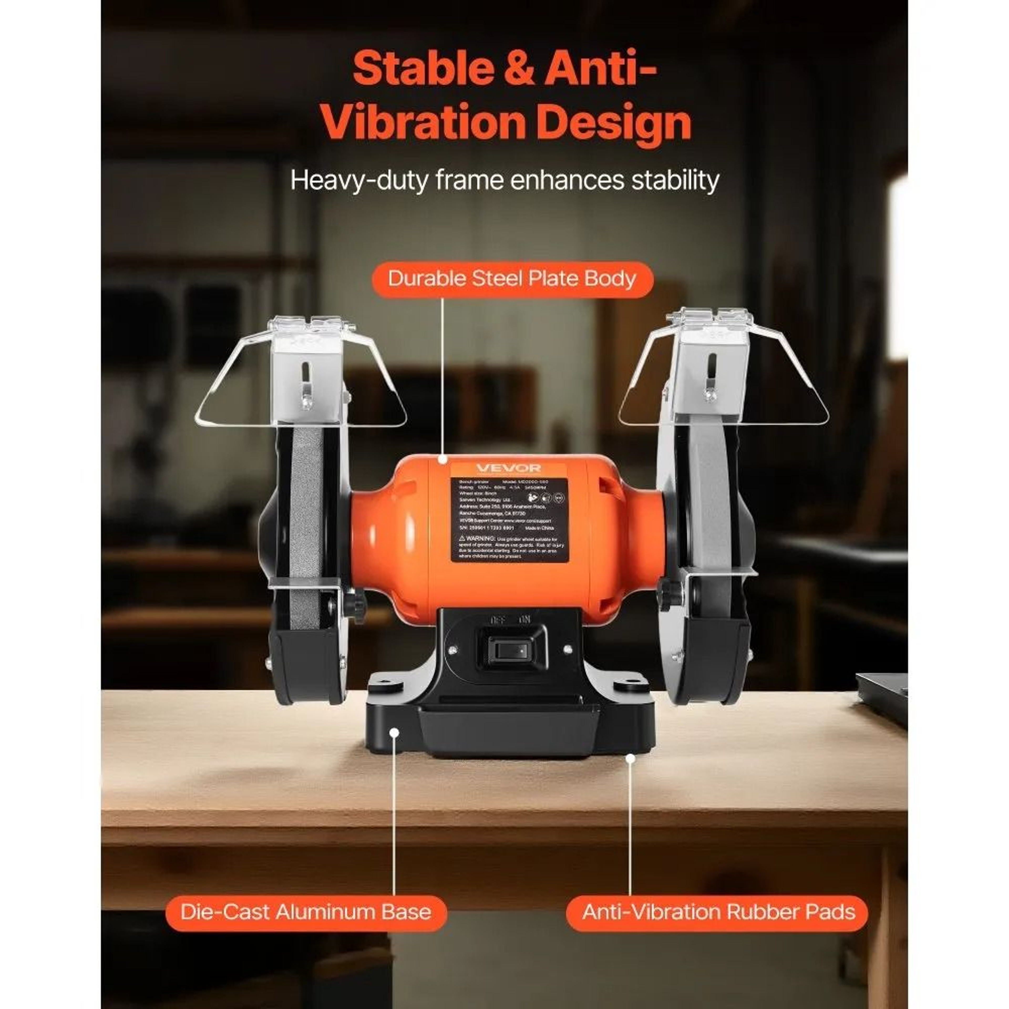 8 Inch Bench Grinder 550W High Speed Tool Sharpener With Adjustable Eye Shield 2
