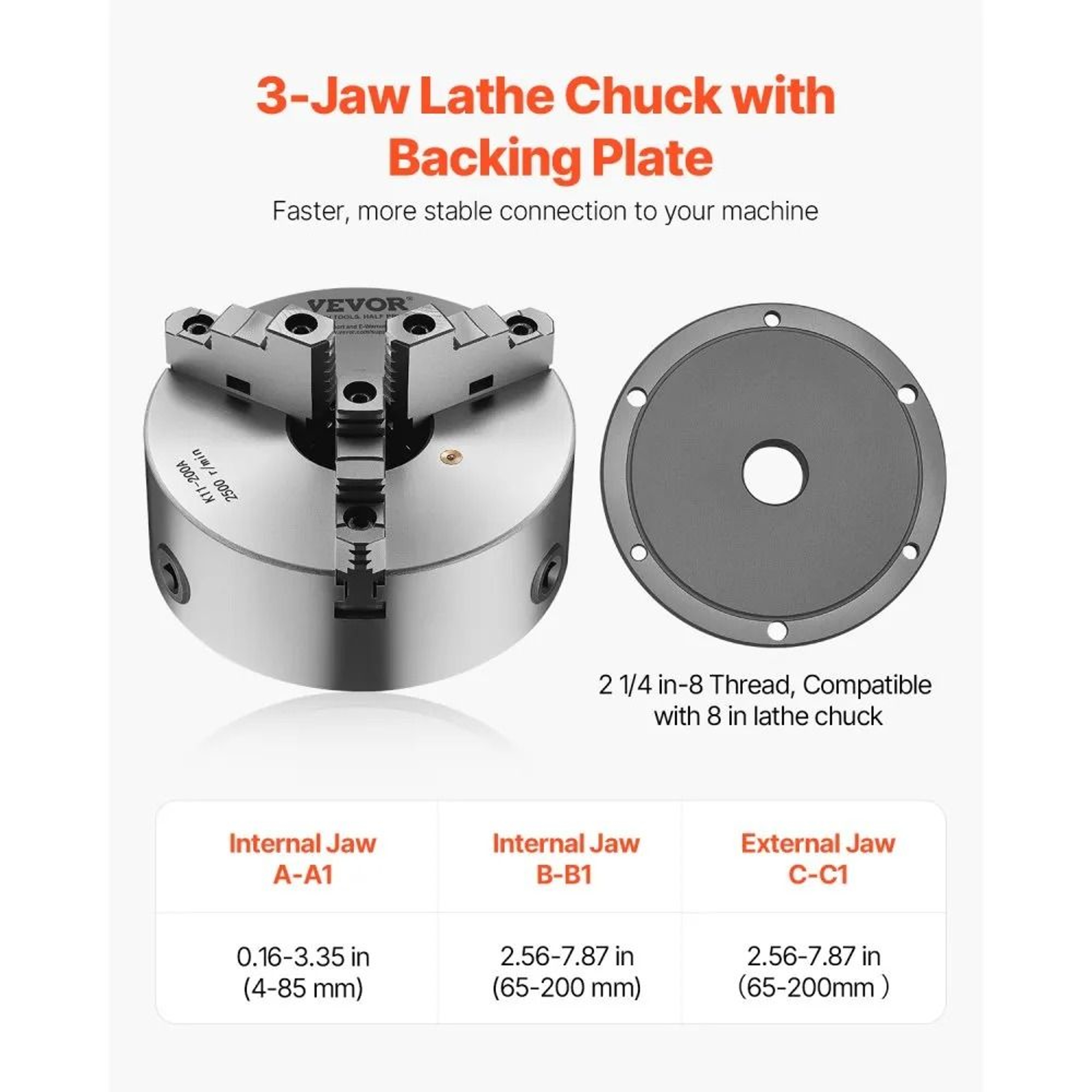 8 Inch 3 Jaw Self Centering Lathe Chuck With Threaded Backing Plate 4
