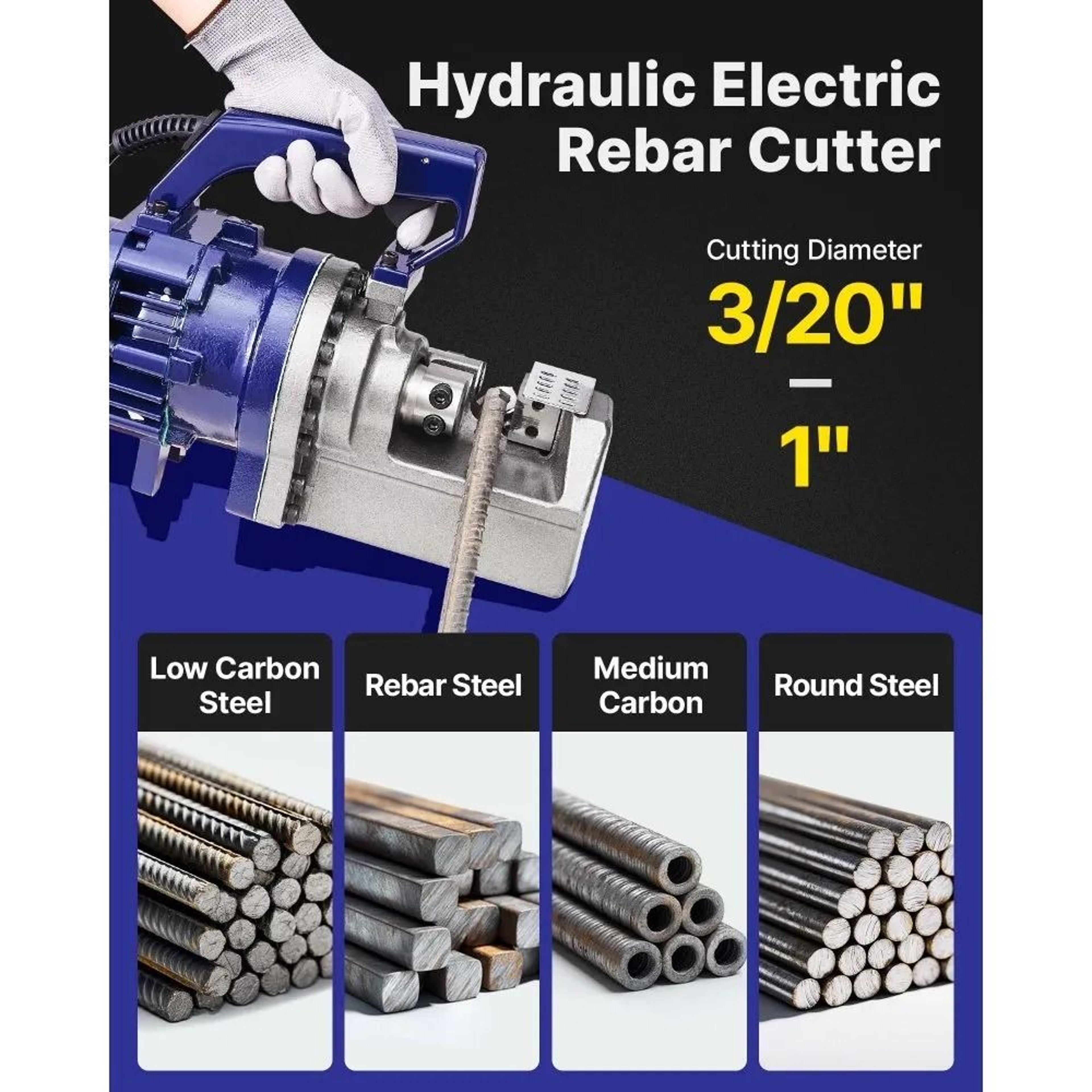 Portable Electric Hydraulic Rebar Cutter 1700W Heavy Duty Steel Bar Cutting Tool 6