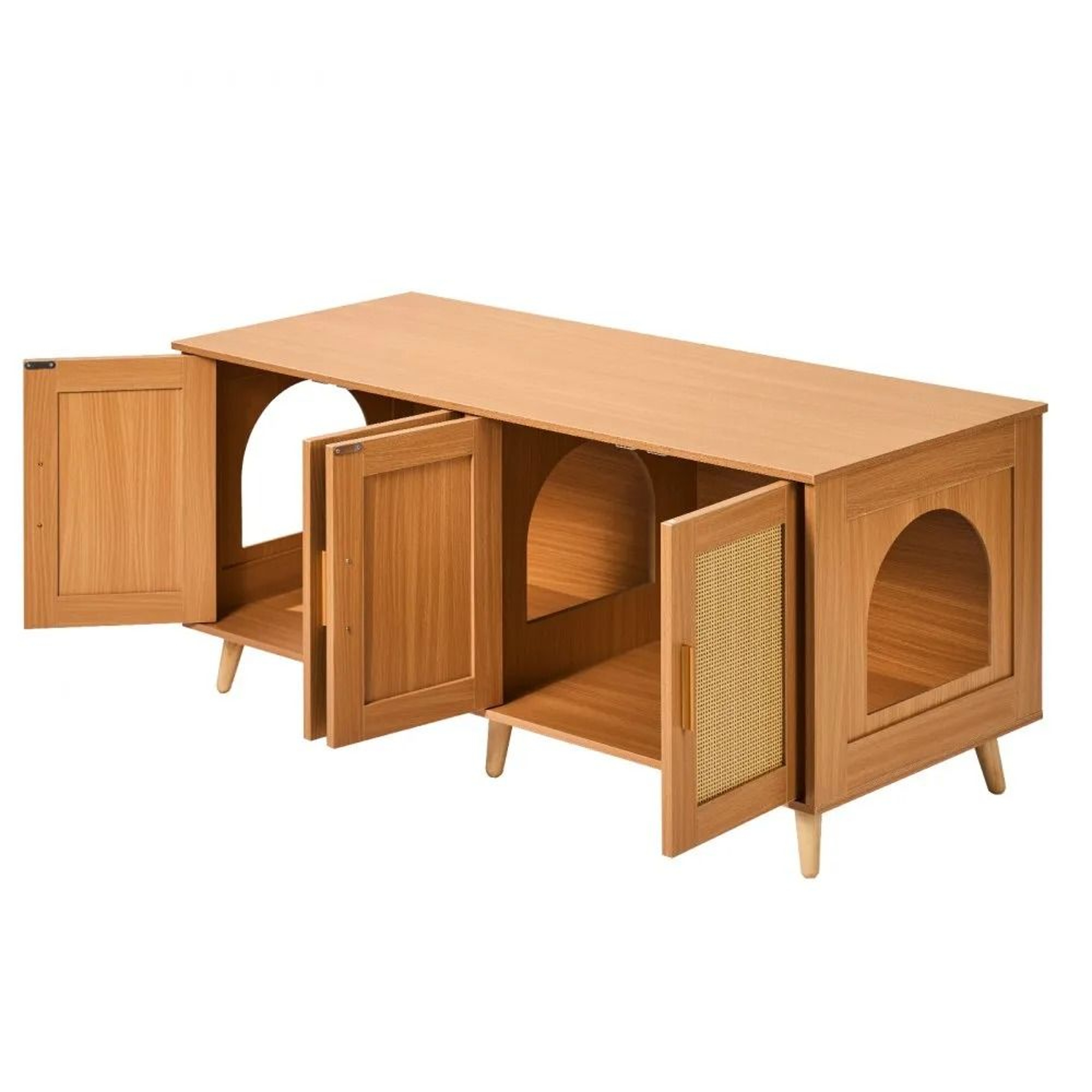 Hidden Cat Litter Box Enclosure Furniture Cabinet With Rattan Doors For 2 Cats 9