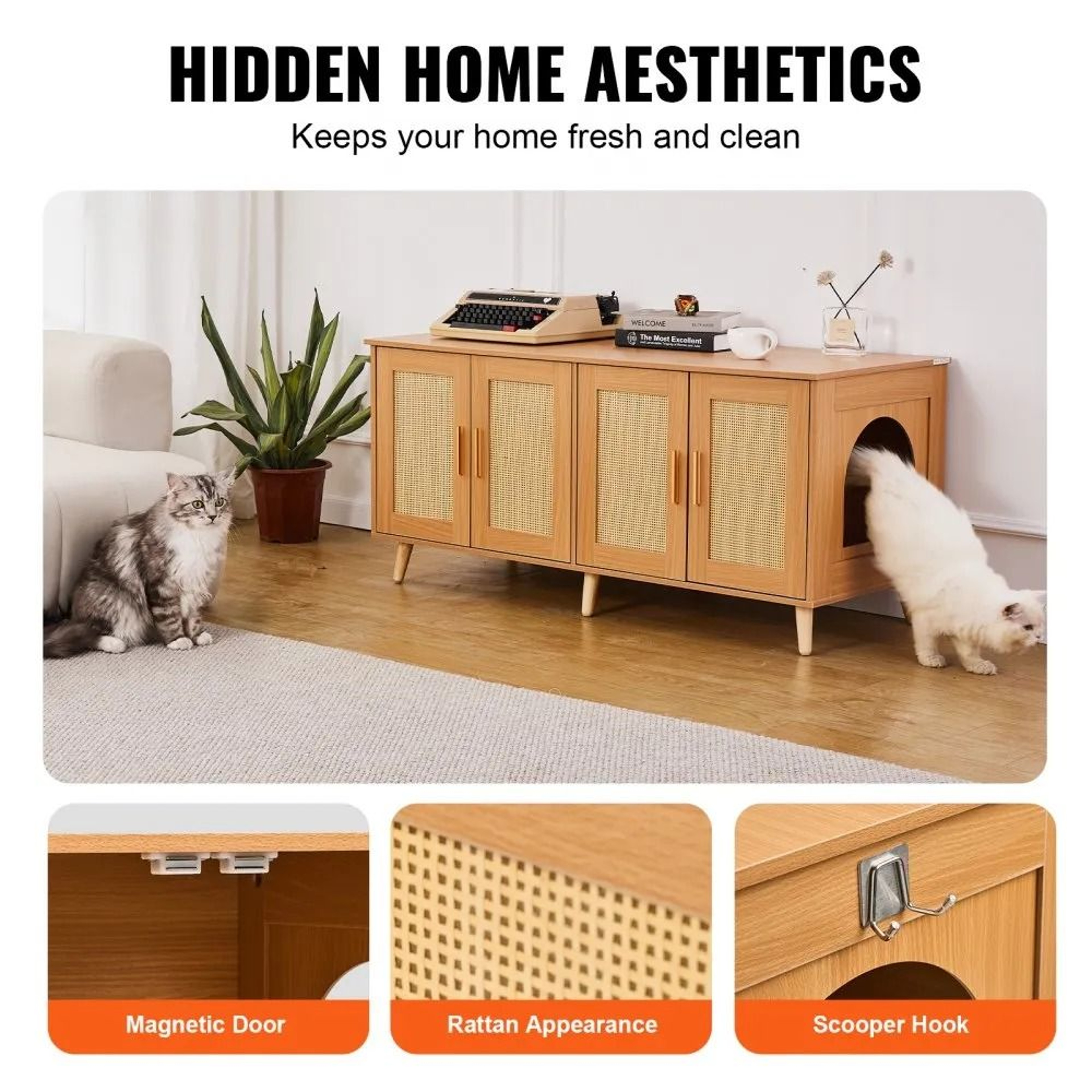 Hidden Cat Litter Box Enclosure Furniture Cabinet With Rattan Doors For 2 Cats 2