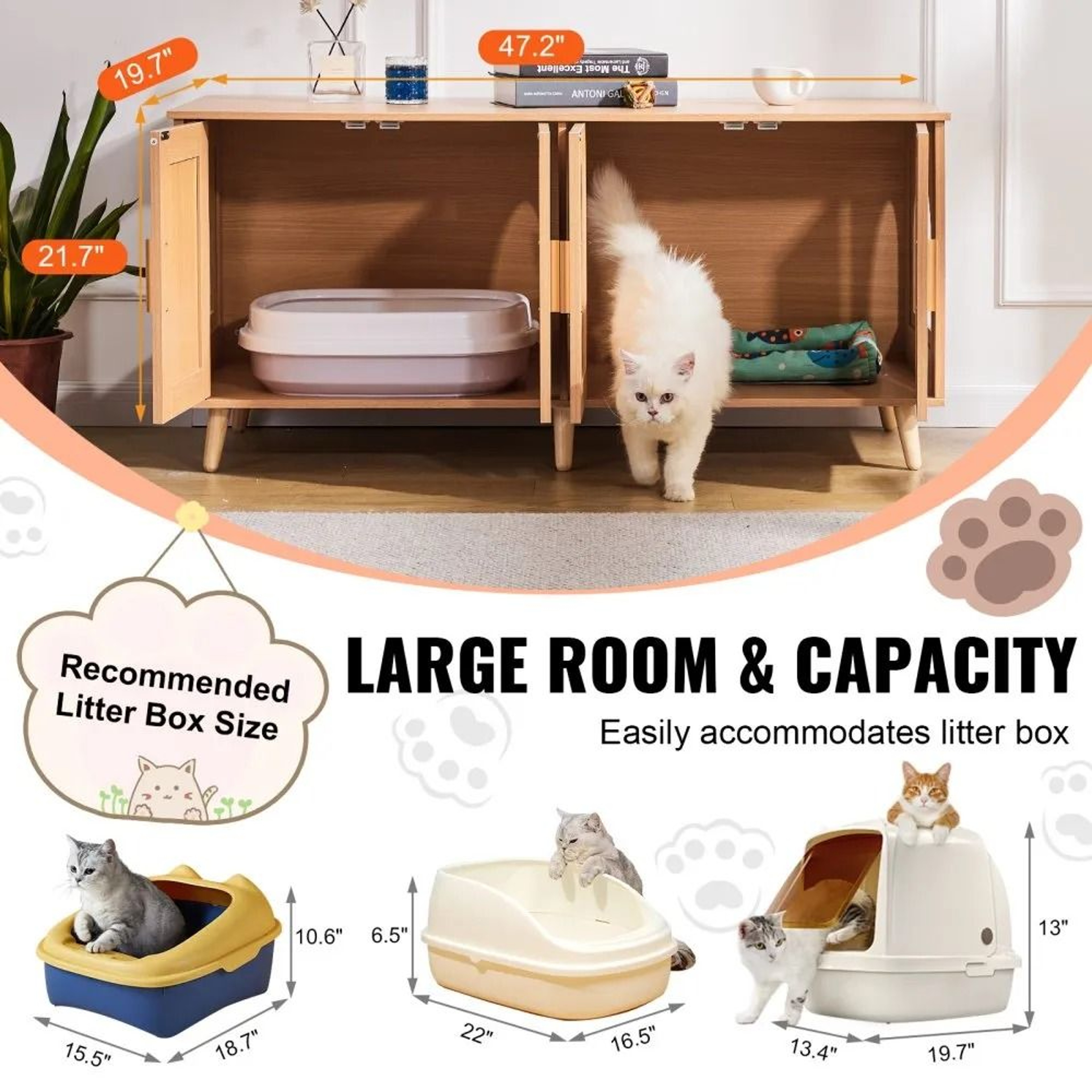 Hidden Cat Litter Box Enclosure Furniture Cabinet With Rattan Doors For 2 Cats 1