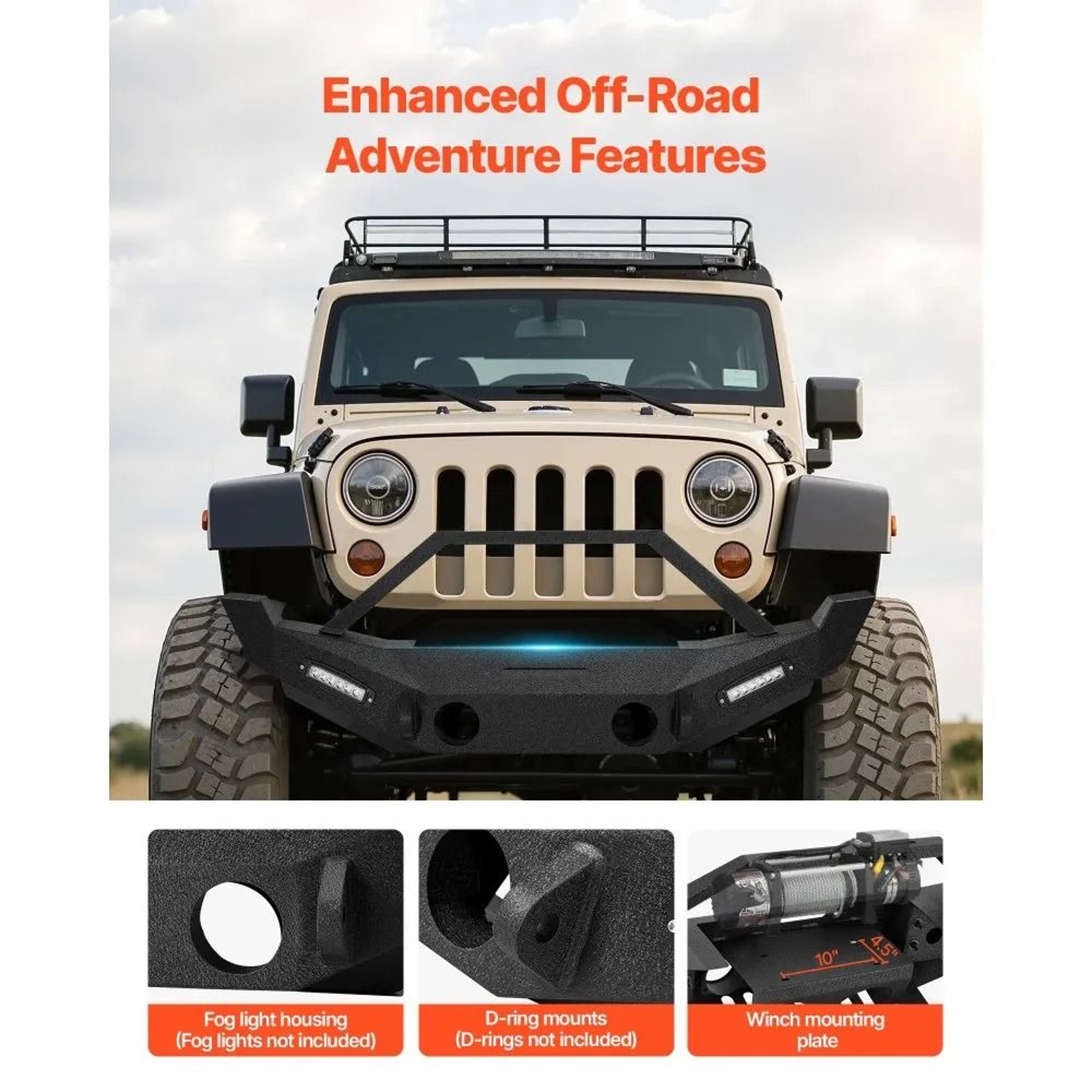 Heavy Duty Front Bumper For Wrangler JK JKU With LED Light Bars And Winch Mount 4