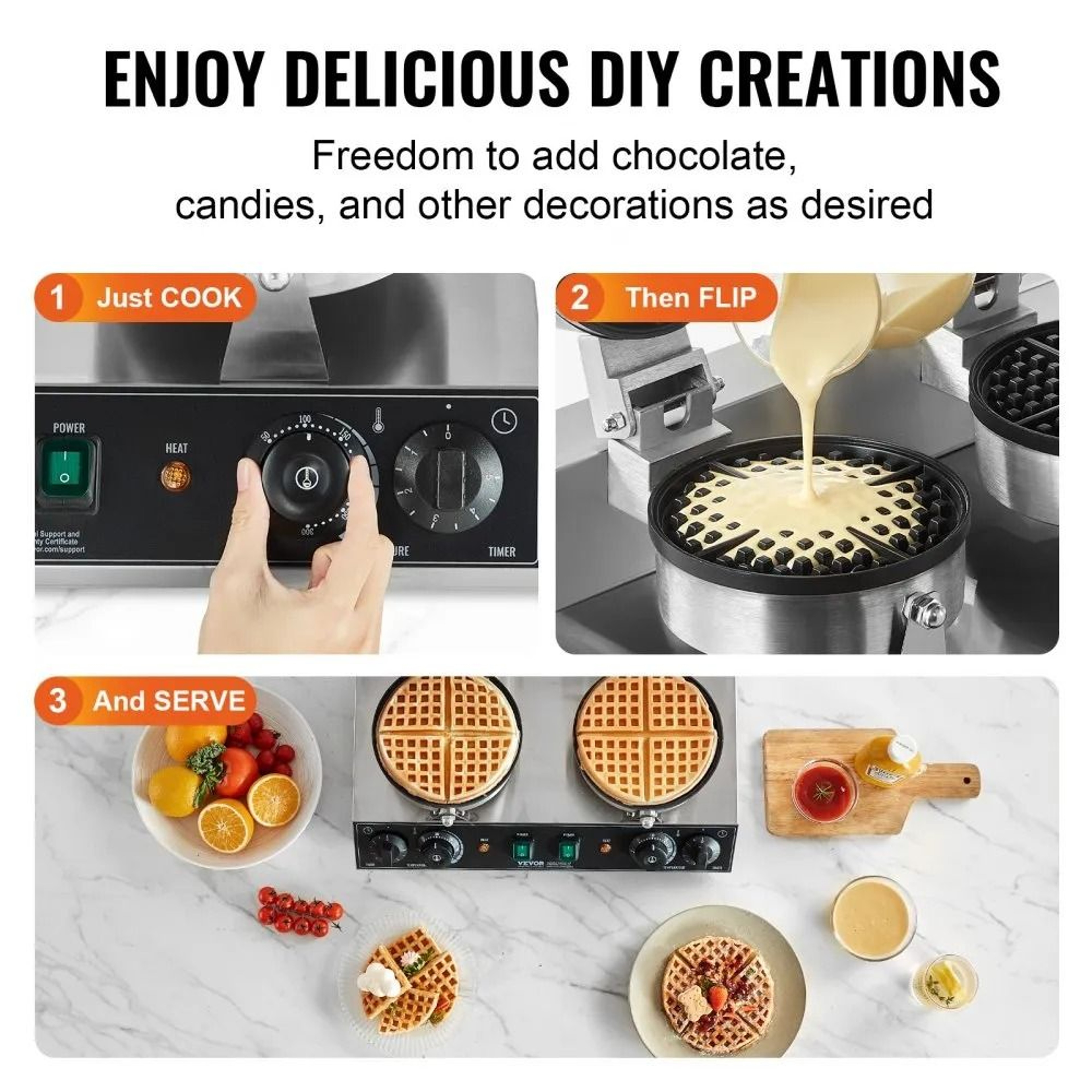 Commercial Belgian Waffle Maker Dual Head 2460W Non Stick Round Waffle Iron 2