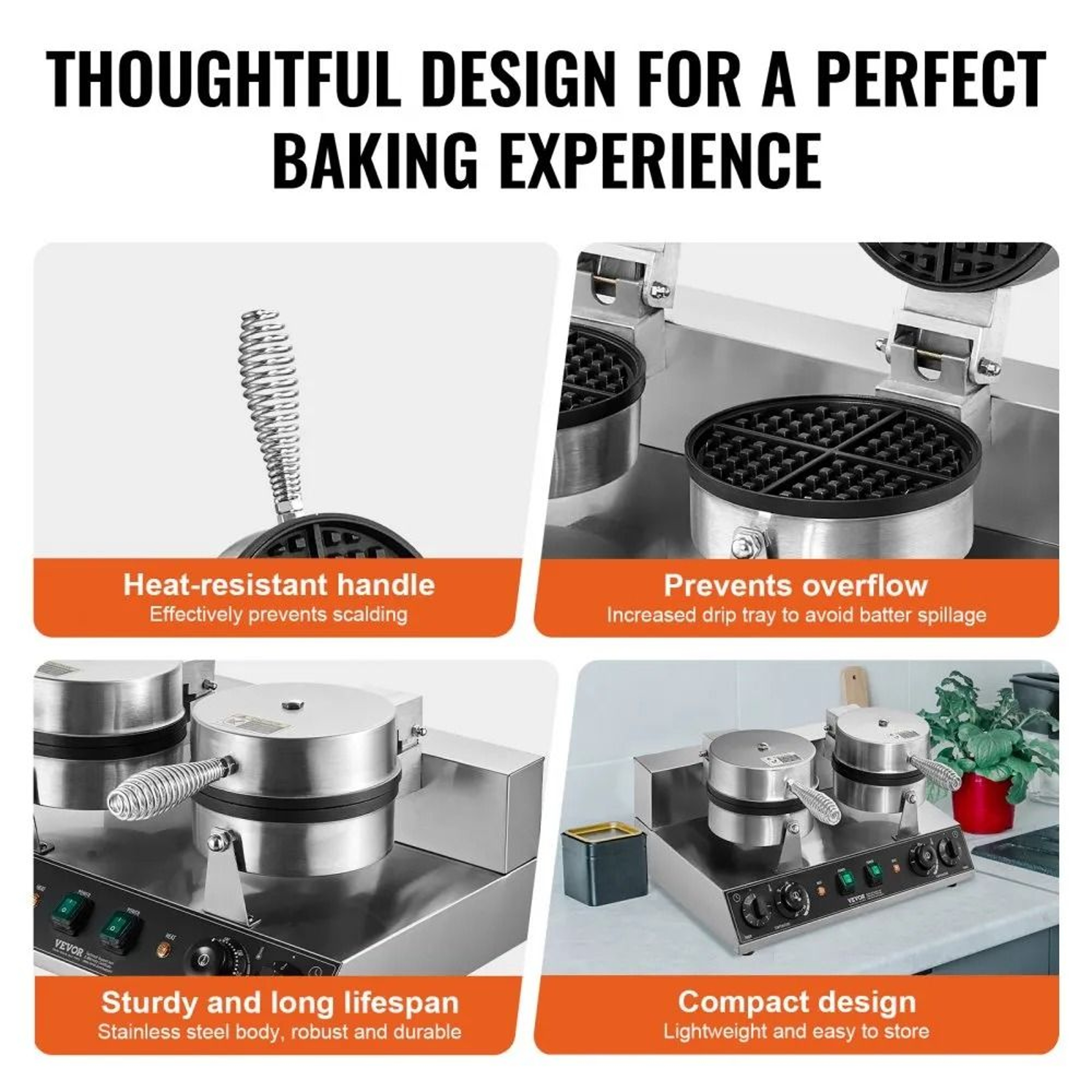 Commercial Belgian Waffle Maker Dual Head 2460W Non Stick Round Waffle Iron 6