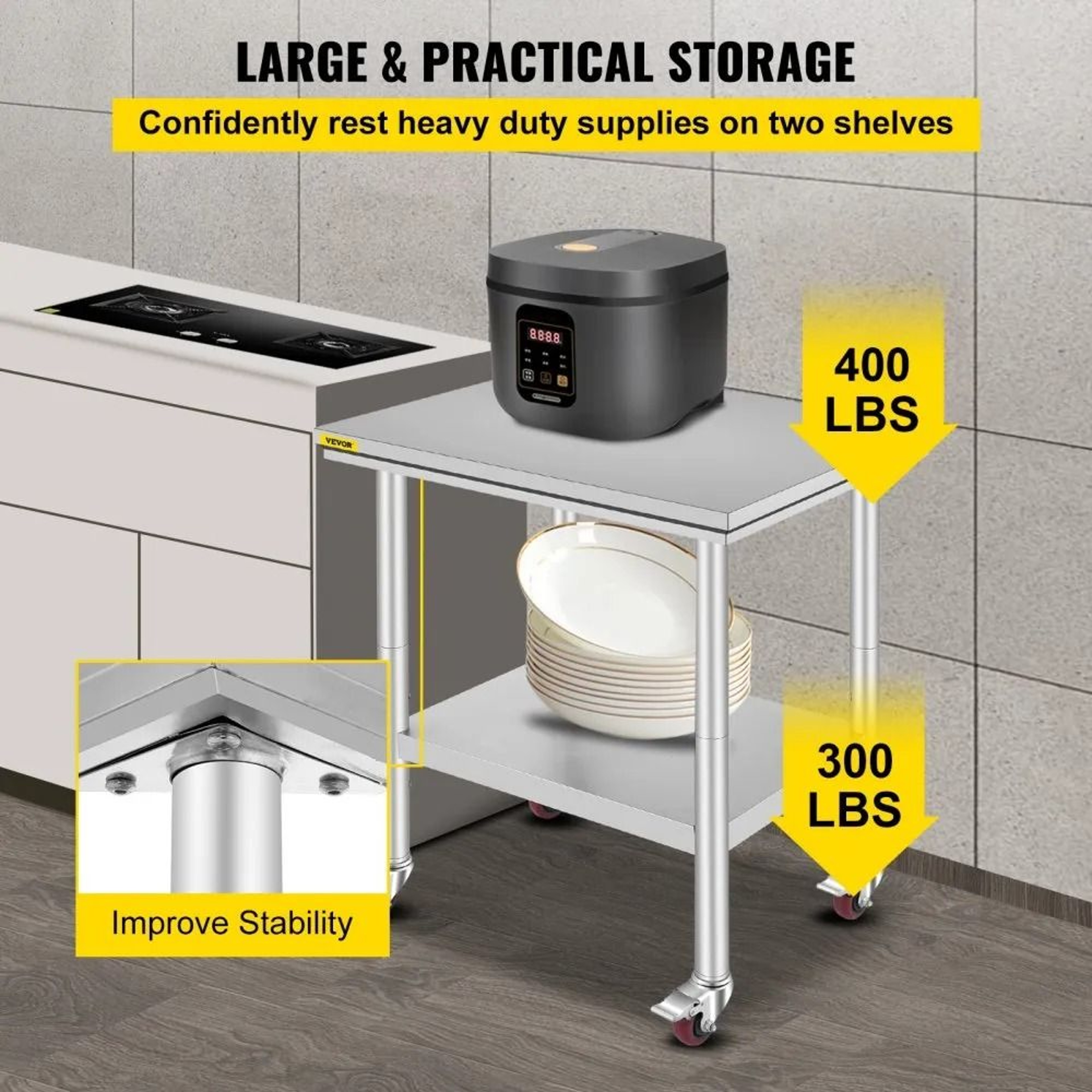Stainless Steel Kitchen Work Table With Wheels 700 LBS Heavy Duty Prep Station 4