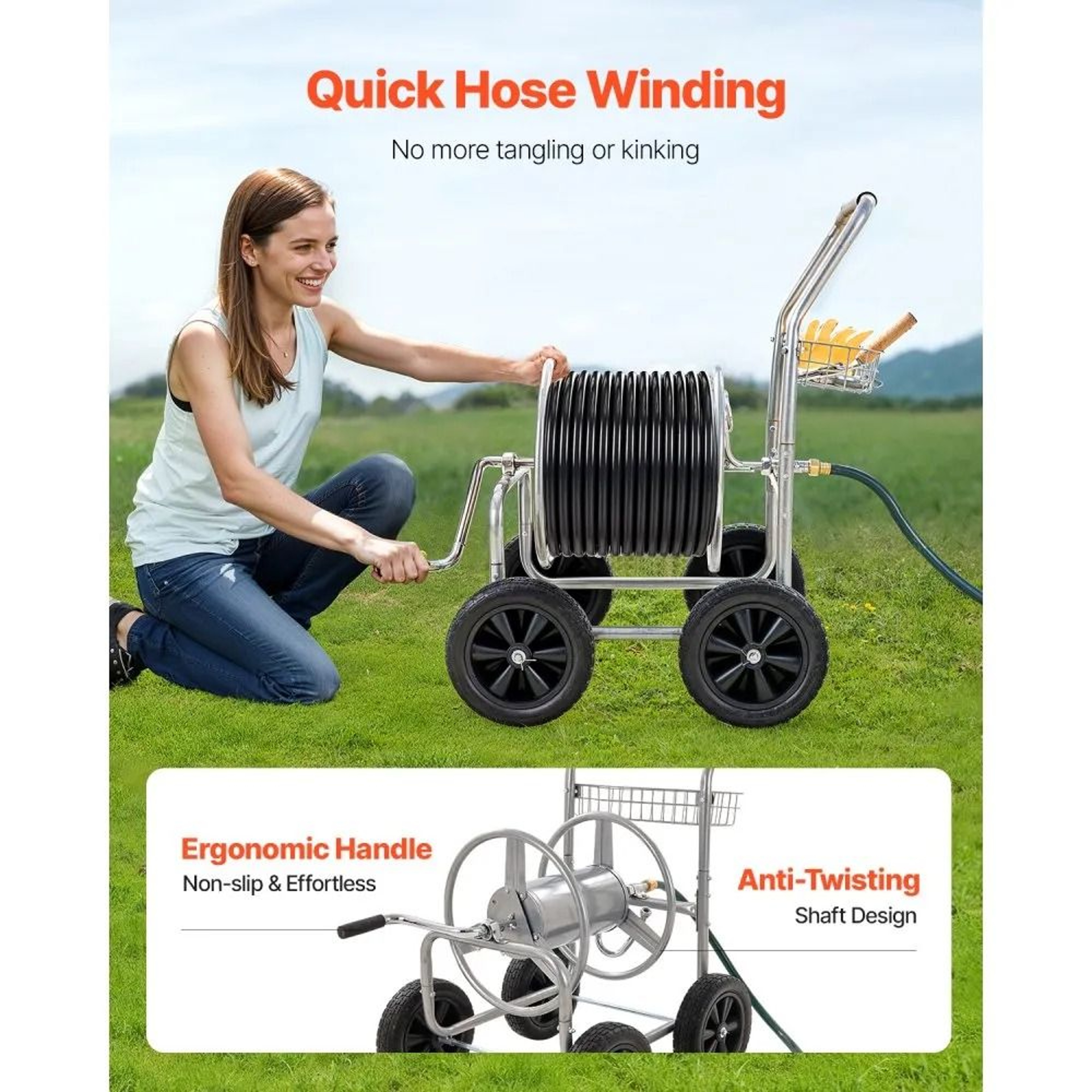 Hose Reel Cart 250 Ft Heavy Duty Garden Water Hose Cart With 4 Wheels 4