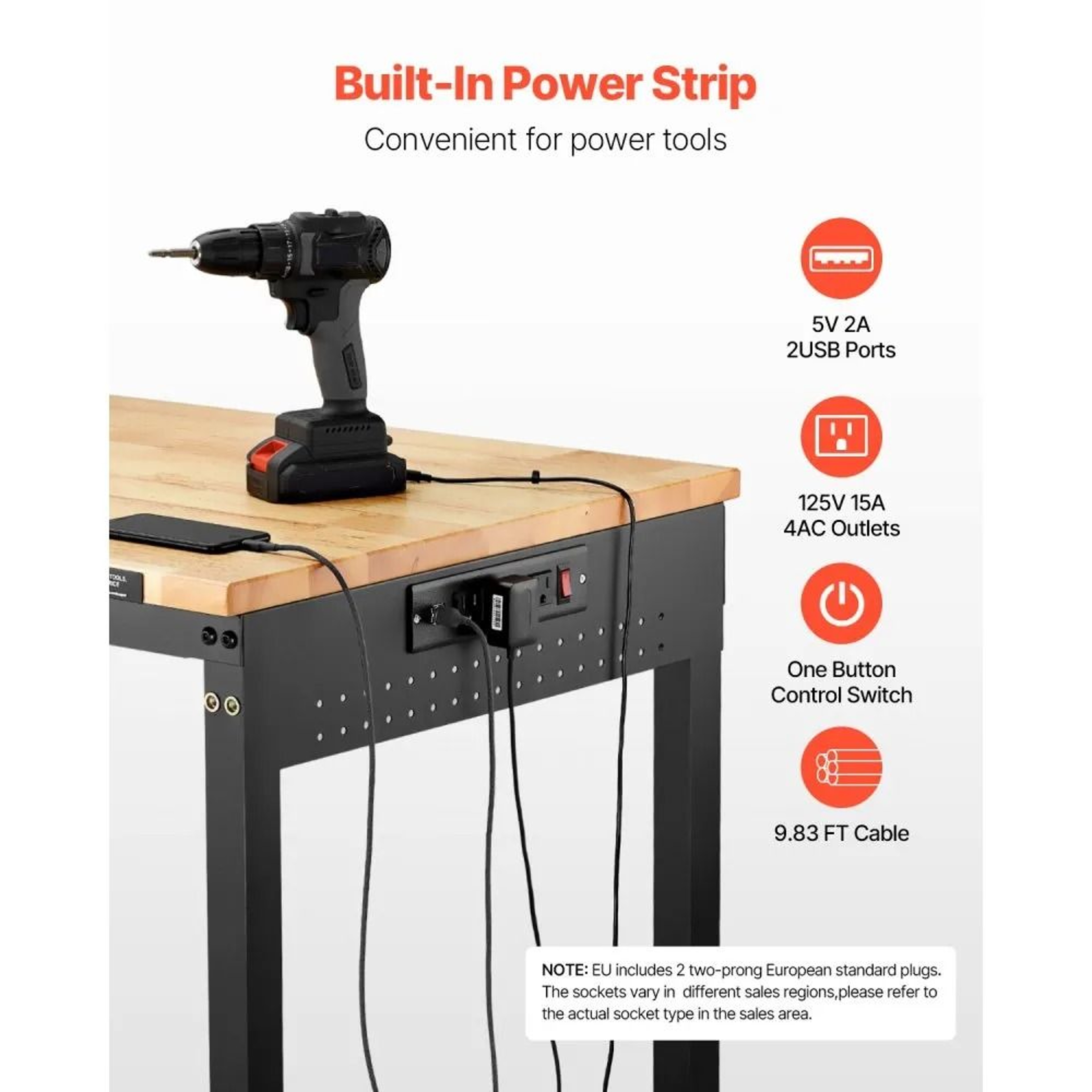 48 Inch Adjustable Workbench With Power Outlet Pegboard And Wheels 4