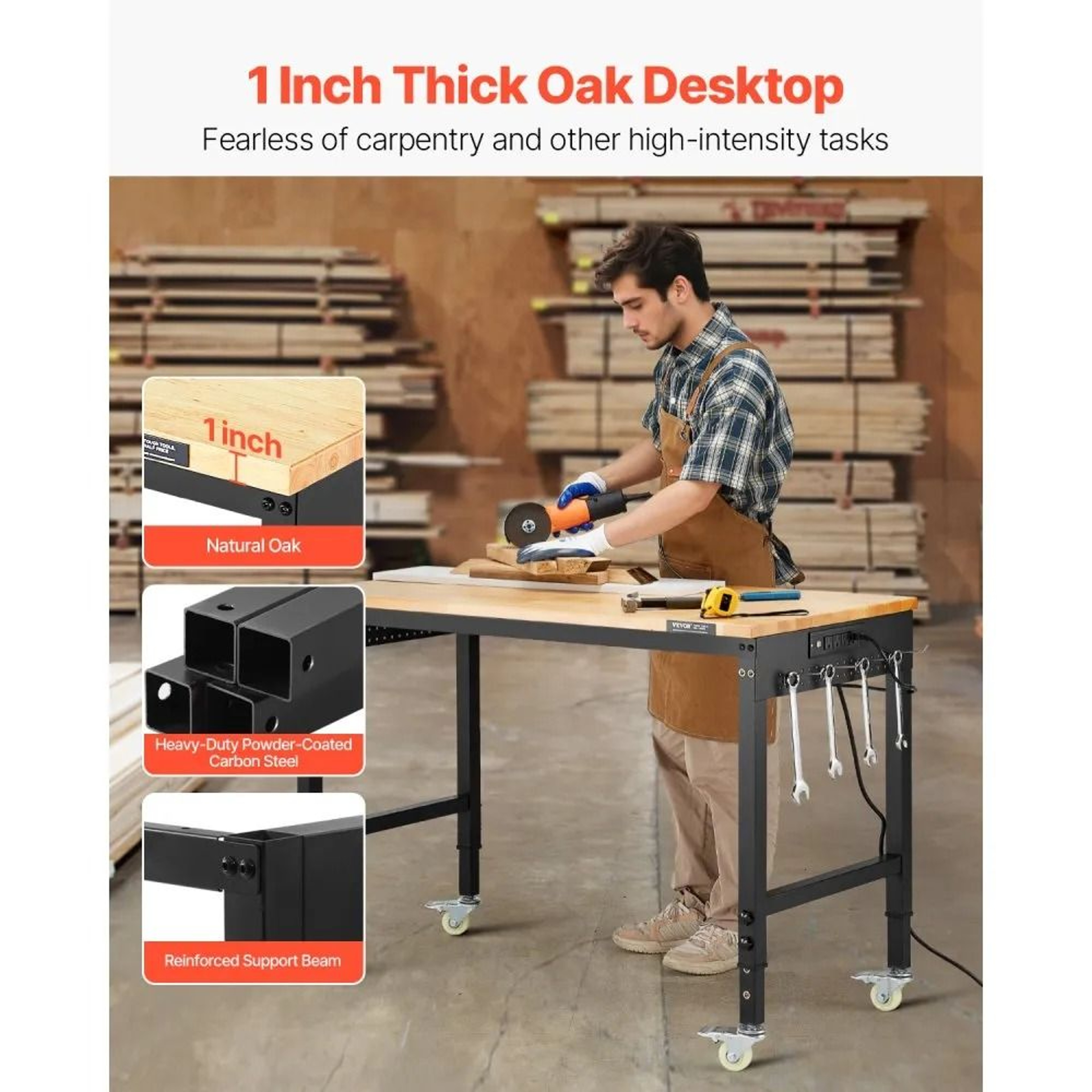 48 Inch Adjustable Workbench With Power Outlet Pegboard And Wheels 2