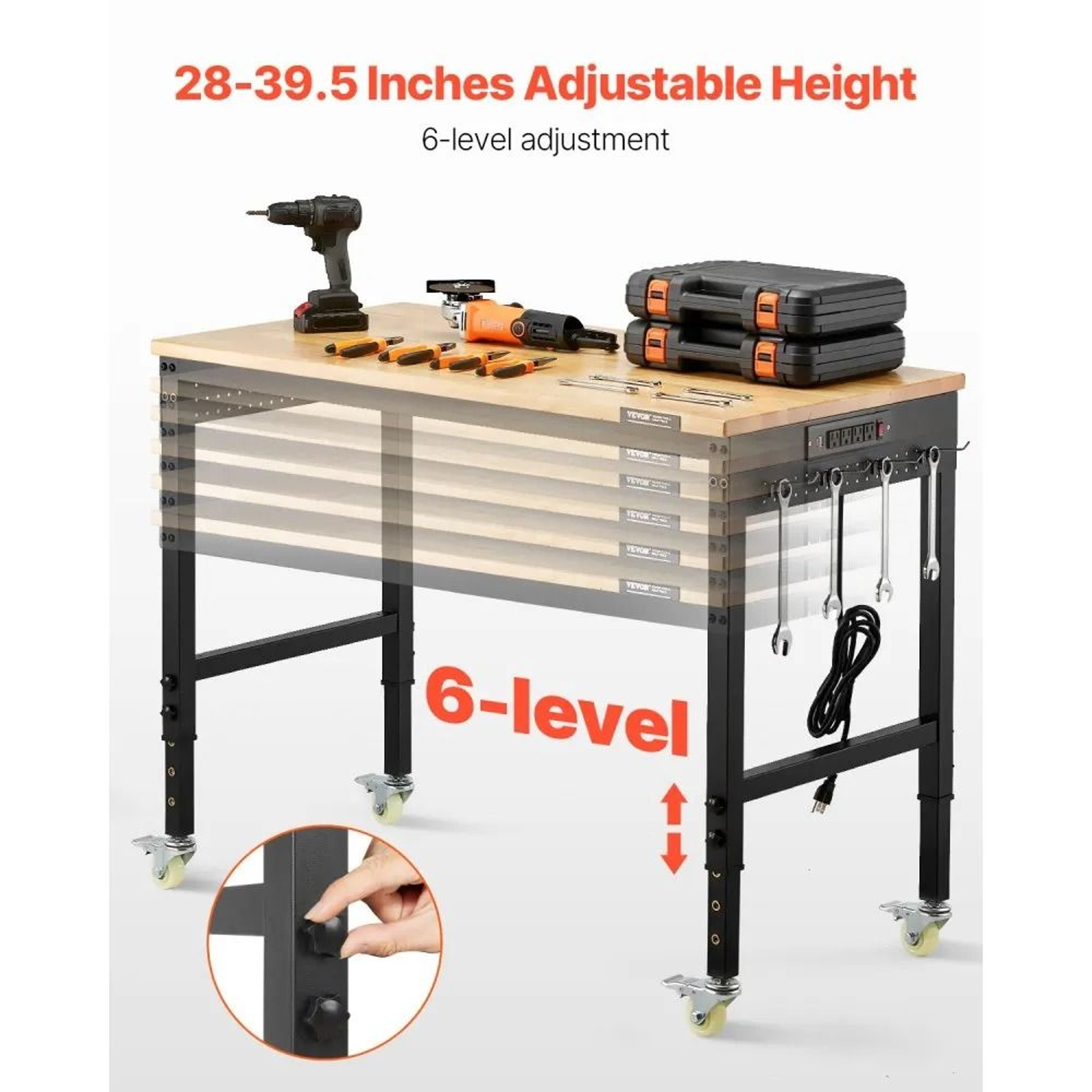 48 Inch Adjustable Workbench With Power Outlet Pegboard And Wheels 5