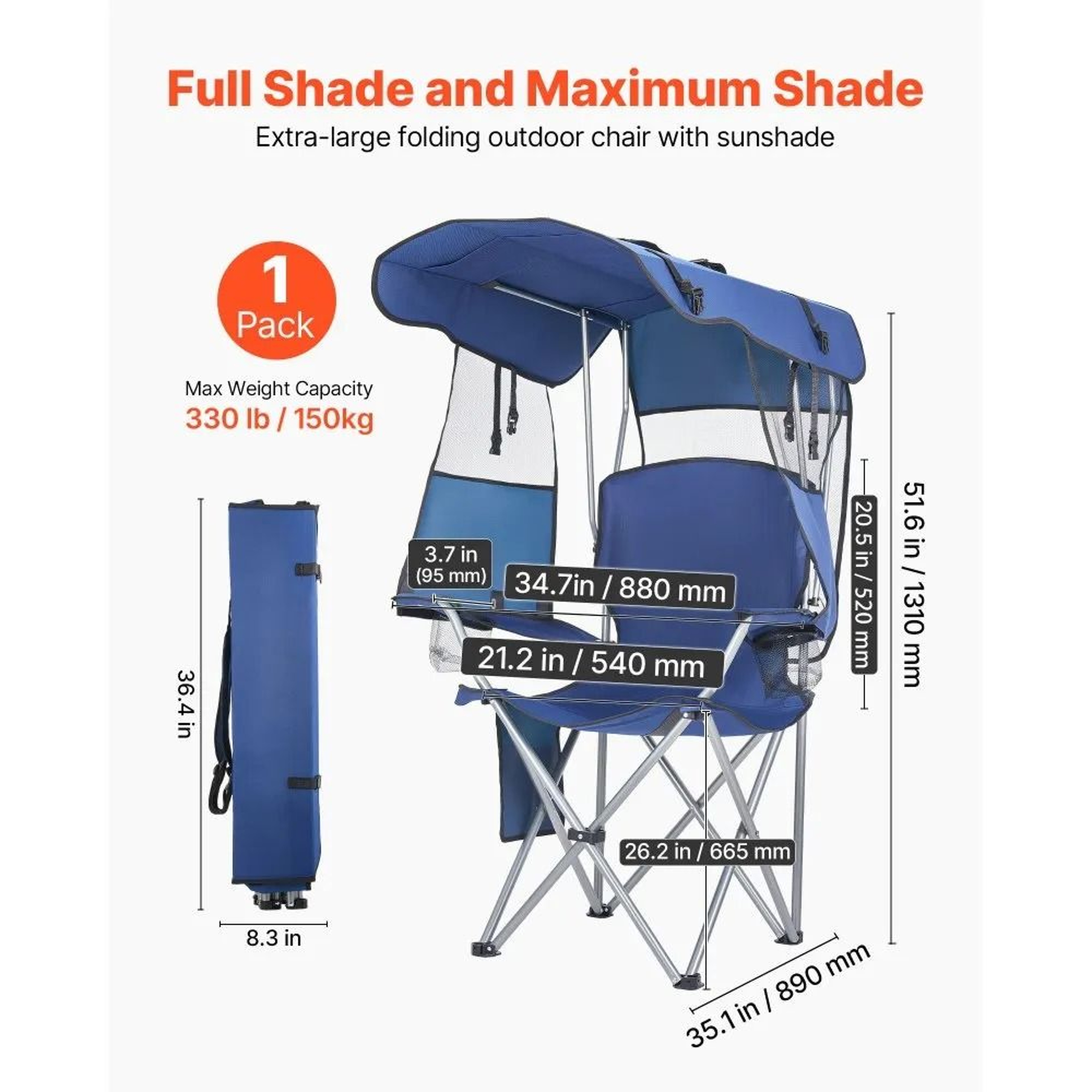 Portable Camping Chair With Canopy And 330 Lb Heavy Duty Support 7