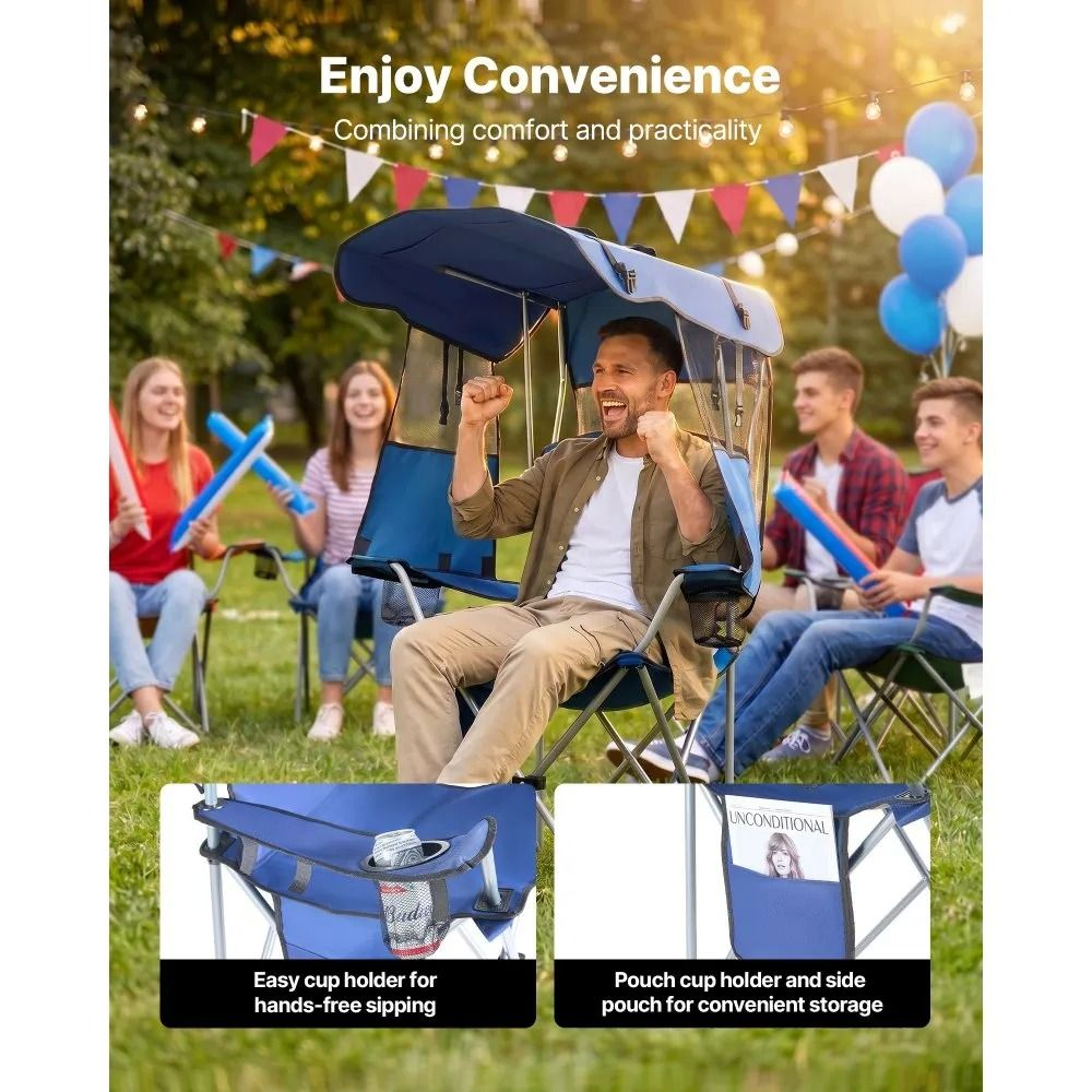 Portable Camping Chair With Canopy And 330 Lb Heavy Duty Support 4