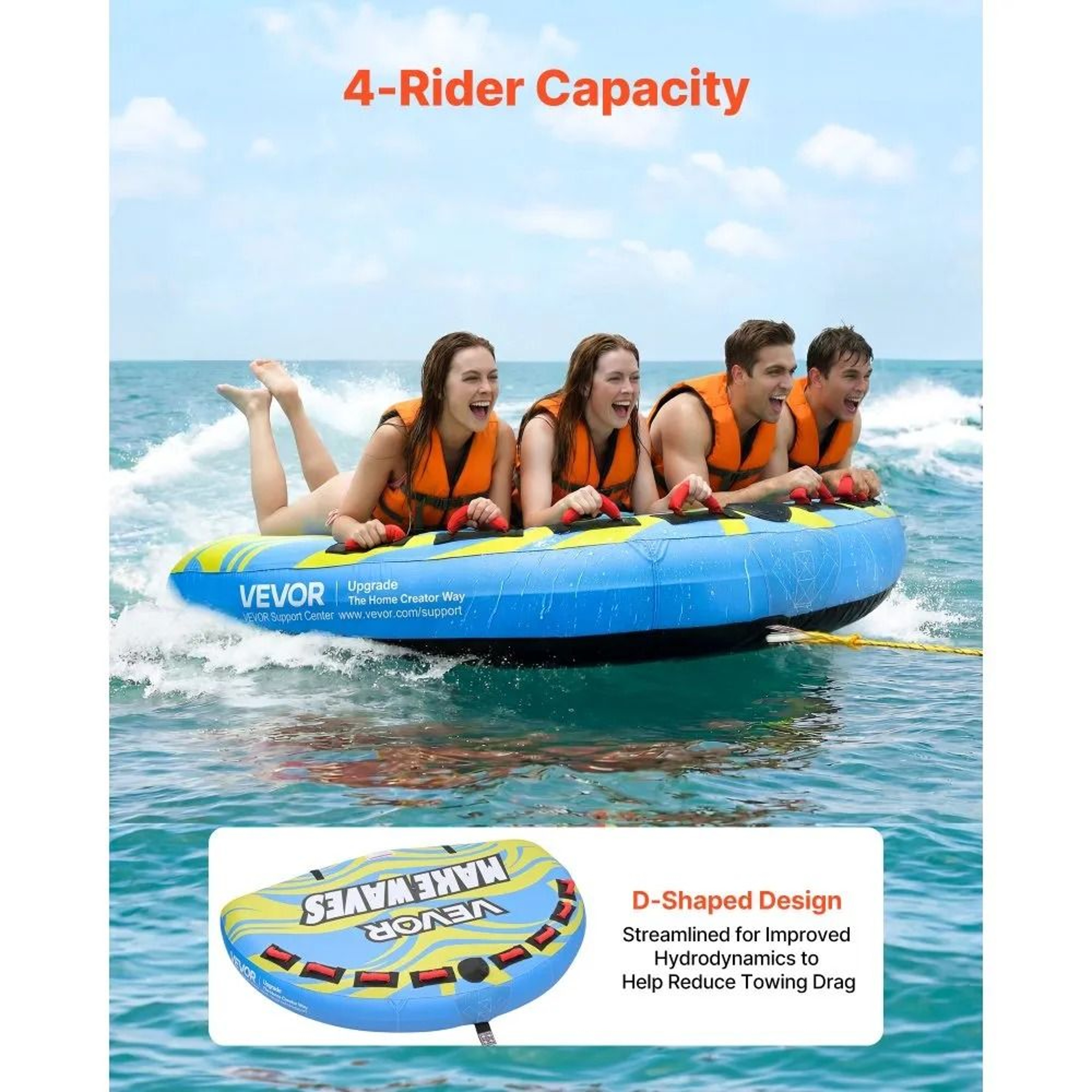 4 Rider Towable Tube For Boating With Nylon Cover And Padded Handles 6