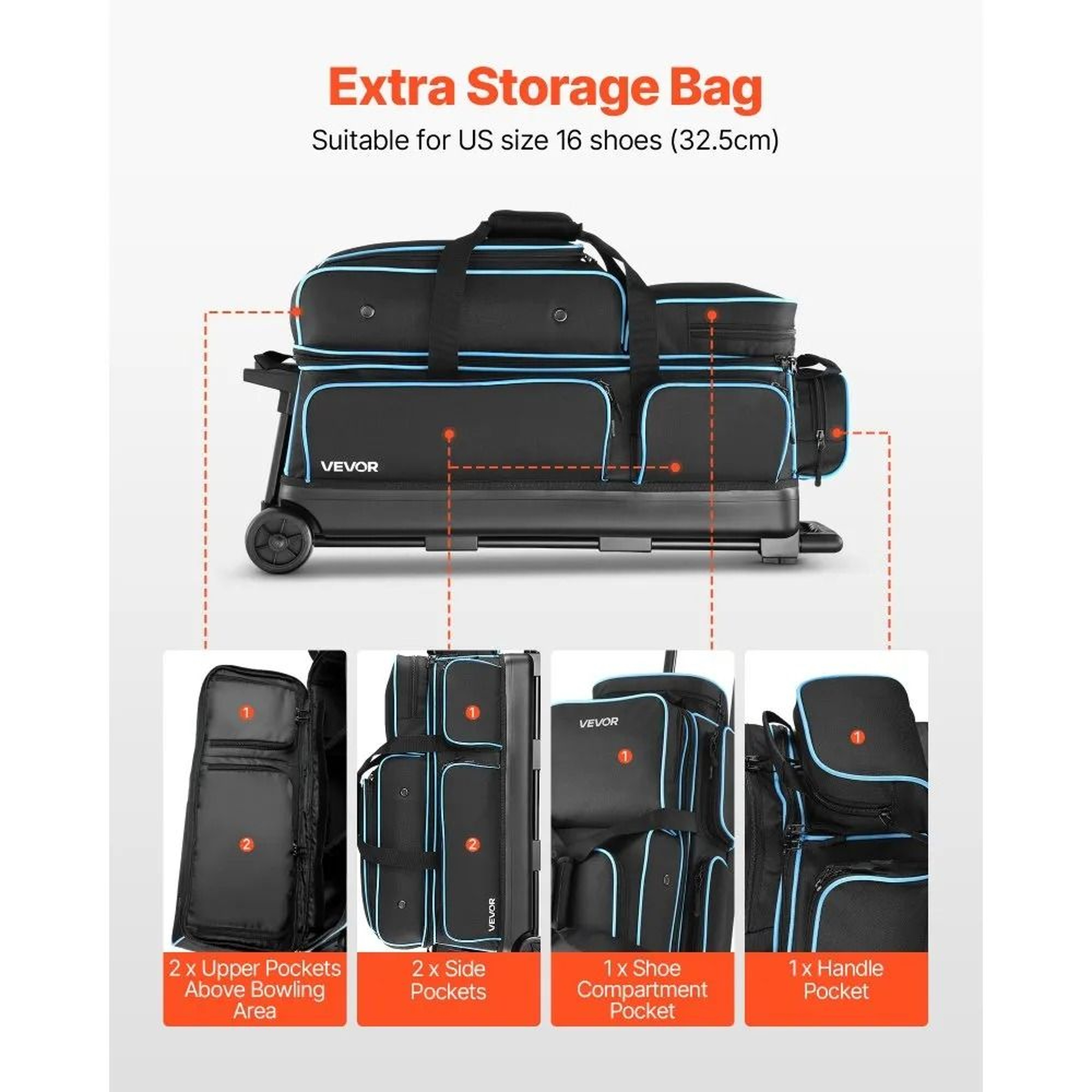3 Ball Bowling Bag With Wheels Rolling Carry Case With Shoe Compartment 3