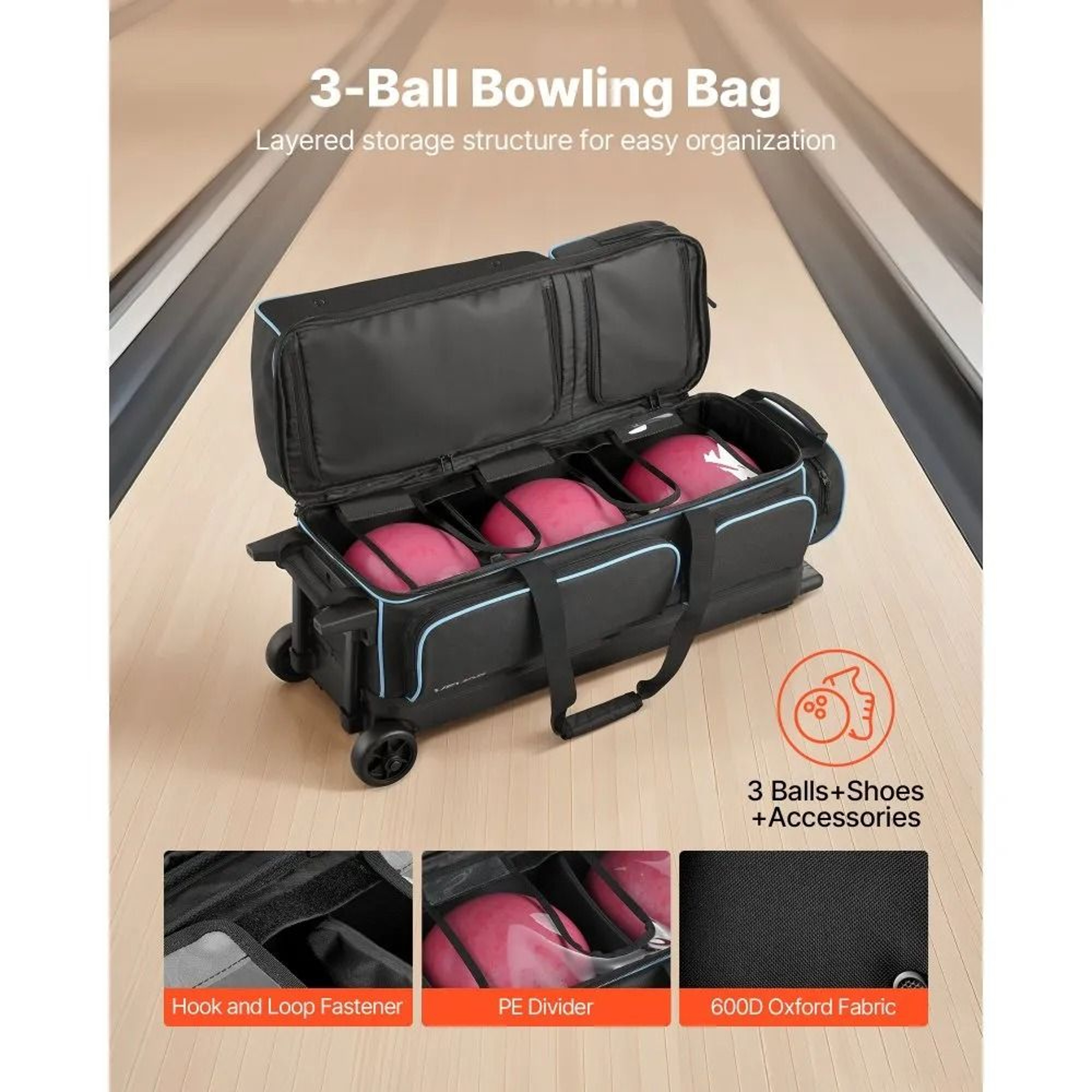 3 Ball Bowling Bag With Wheels Rolling Carry Case With Shoe Compartment 1