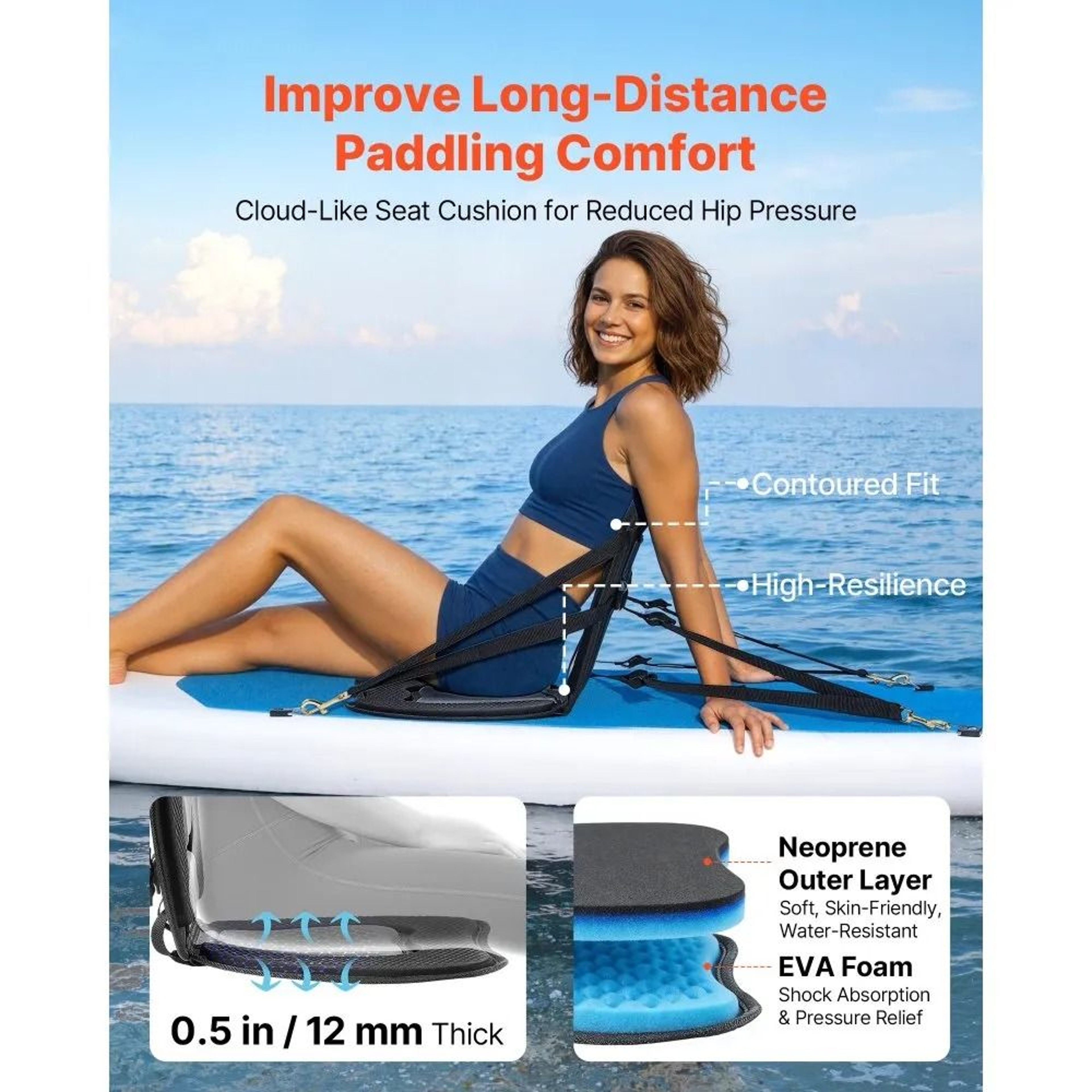 Universal Kayak Seat With Back Support Soft Padded Paddle Board Cushion 1