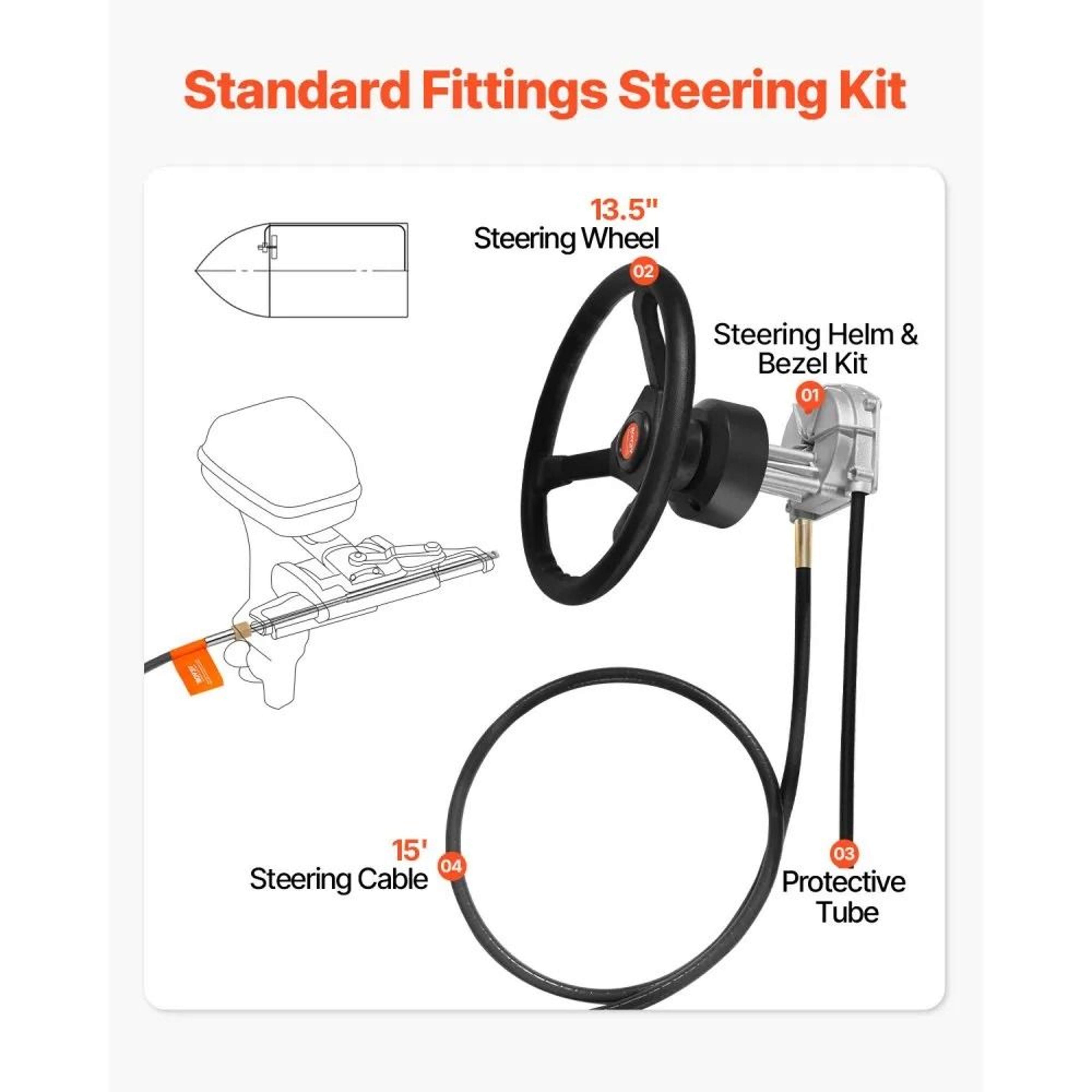 Outboard Rotary Boat Steering System SS13715 With 15ft Cable And 13 Inch Wheel 6
