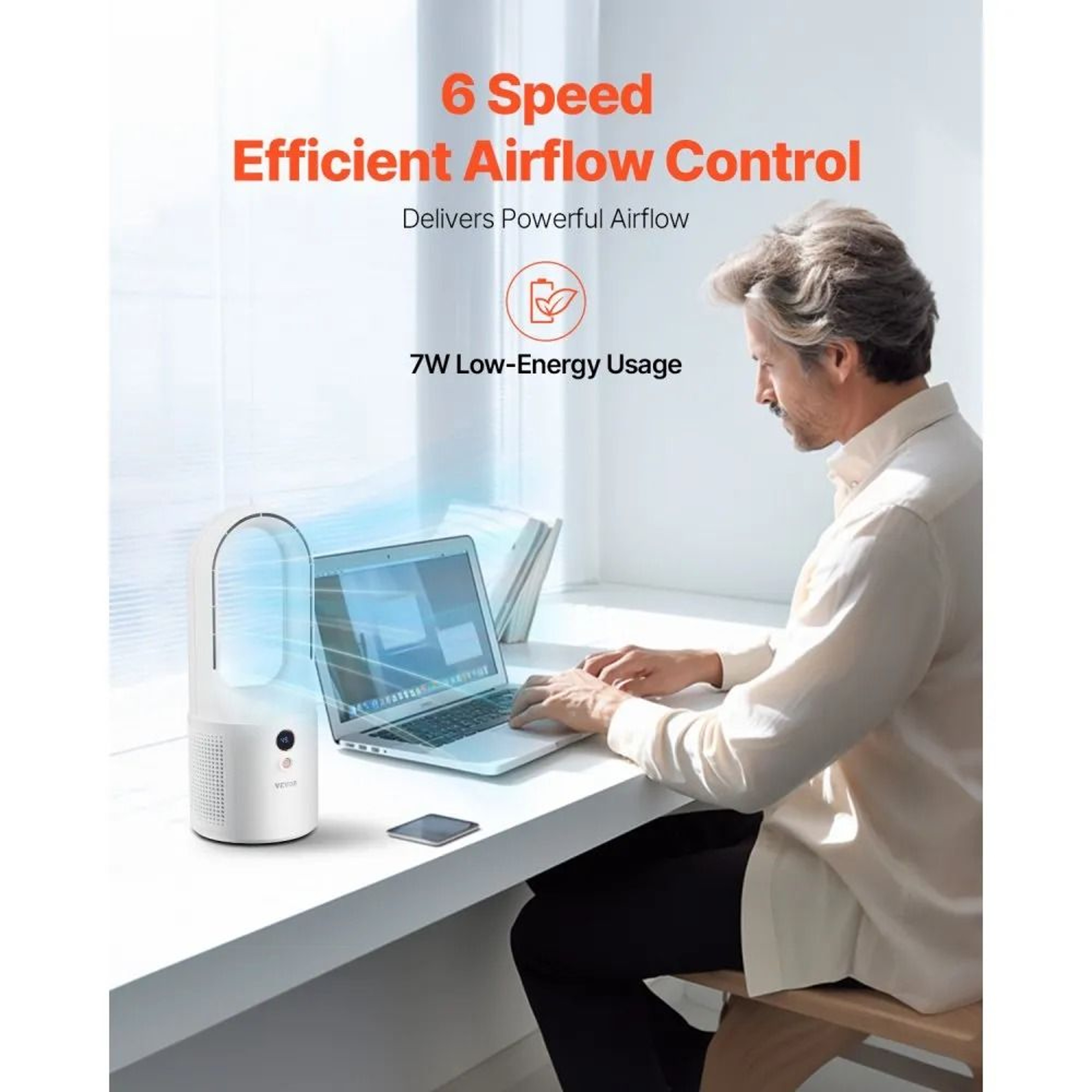 Portable Bladeless Desk Fan 1299 Inch Rechargeable Quiet Cooling Fan With 6 Speeds 2