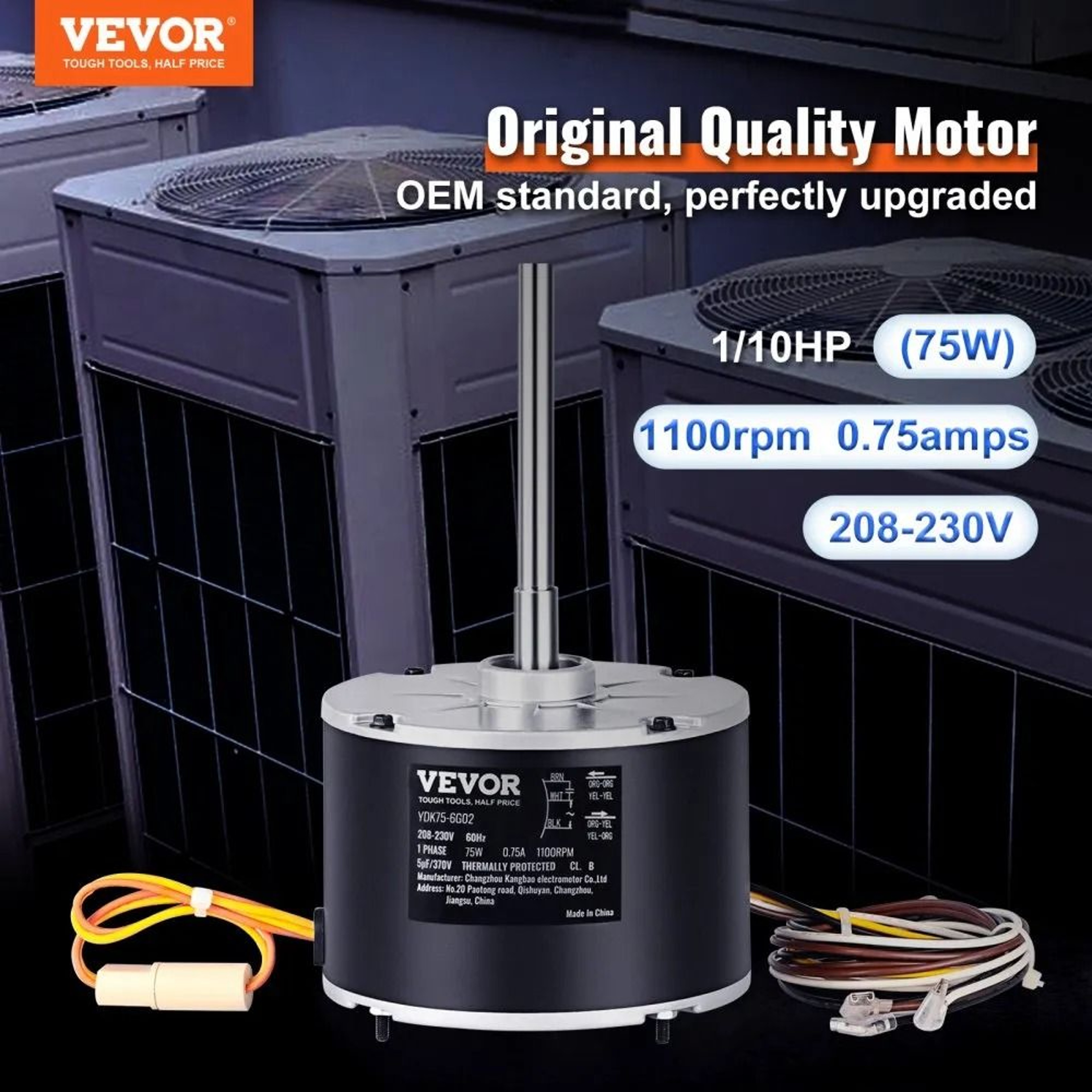 OEM Replacement Condenser Fan Motor 110 HP 208230V 1100 RPM With Reversible Rotation  Capacitor 5