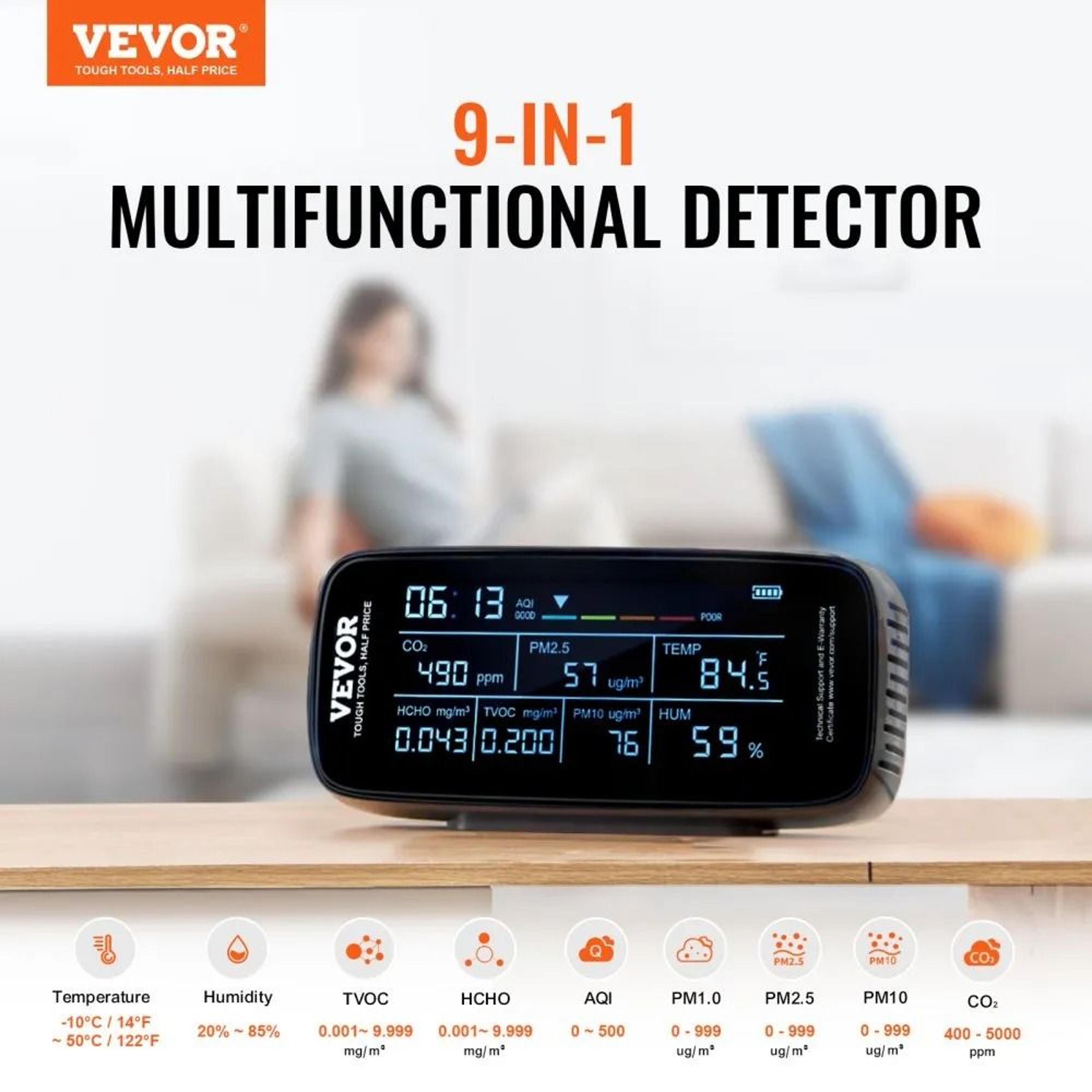 9 In 1 Air Quality Monitor CO2 Detector With PM25 HCHO TVOC Sensor 5