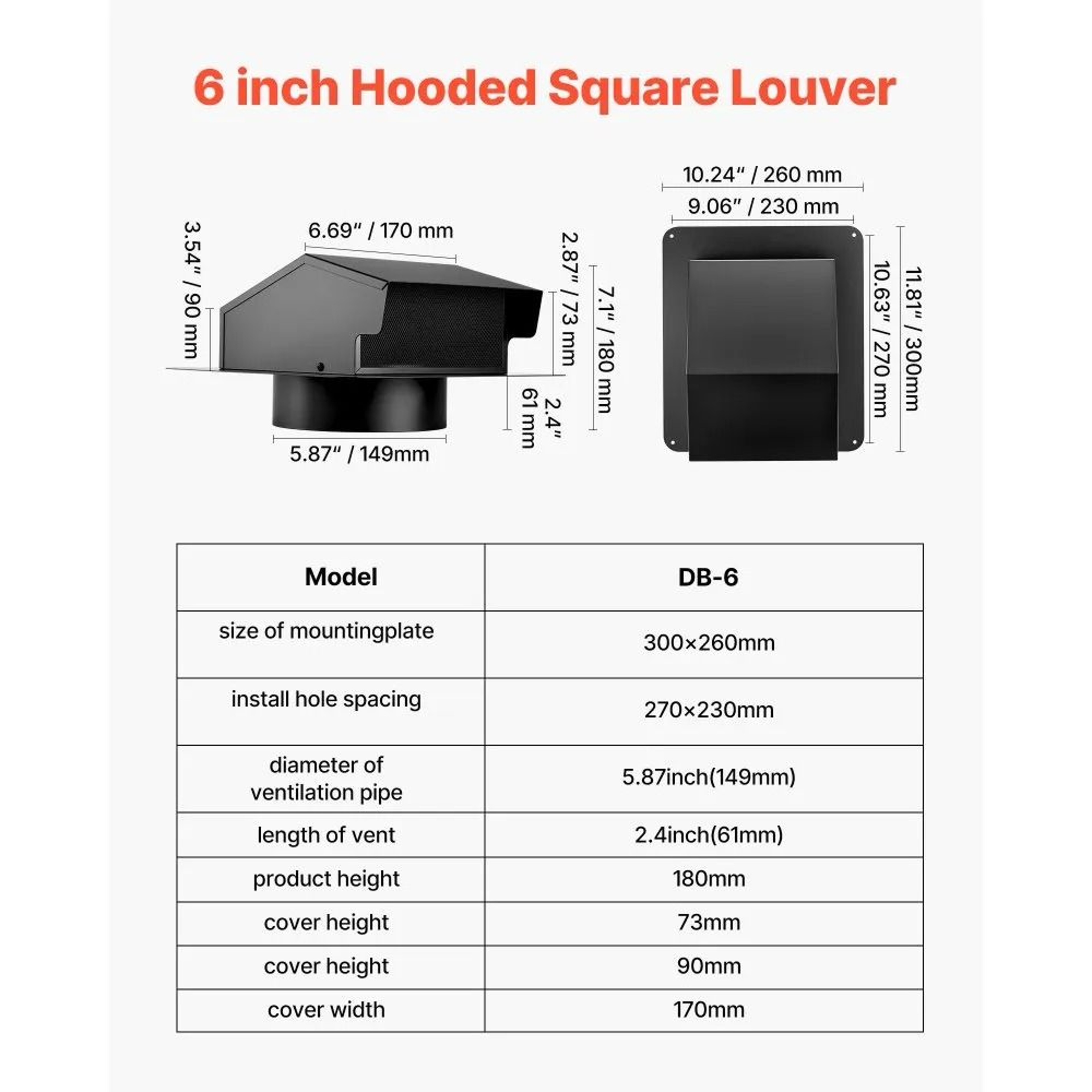 6 Inch Hooded Wall Vent Cover Steel Exhaust Vent With Protective Mesh 6