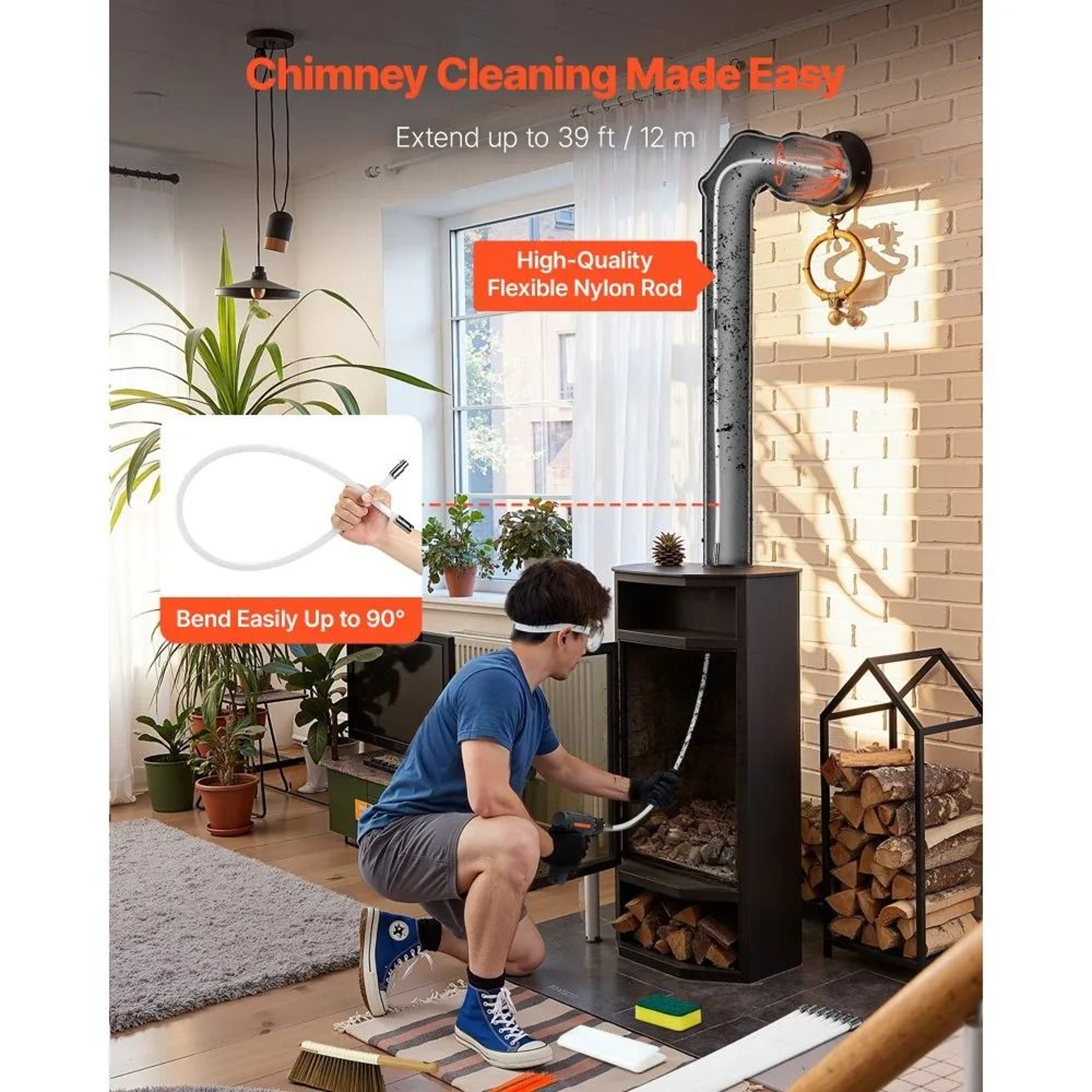 39FT Chimney Sweep Kit With Flexible Rods And Fireplace Cleaning Brush 5