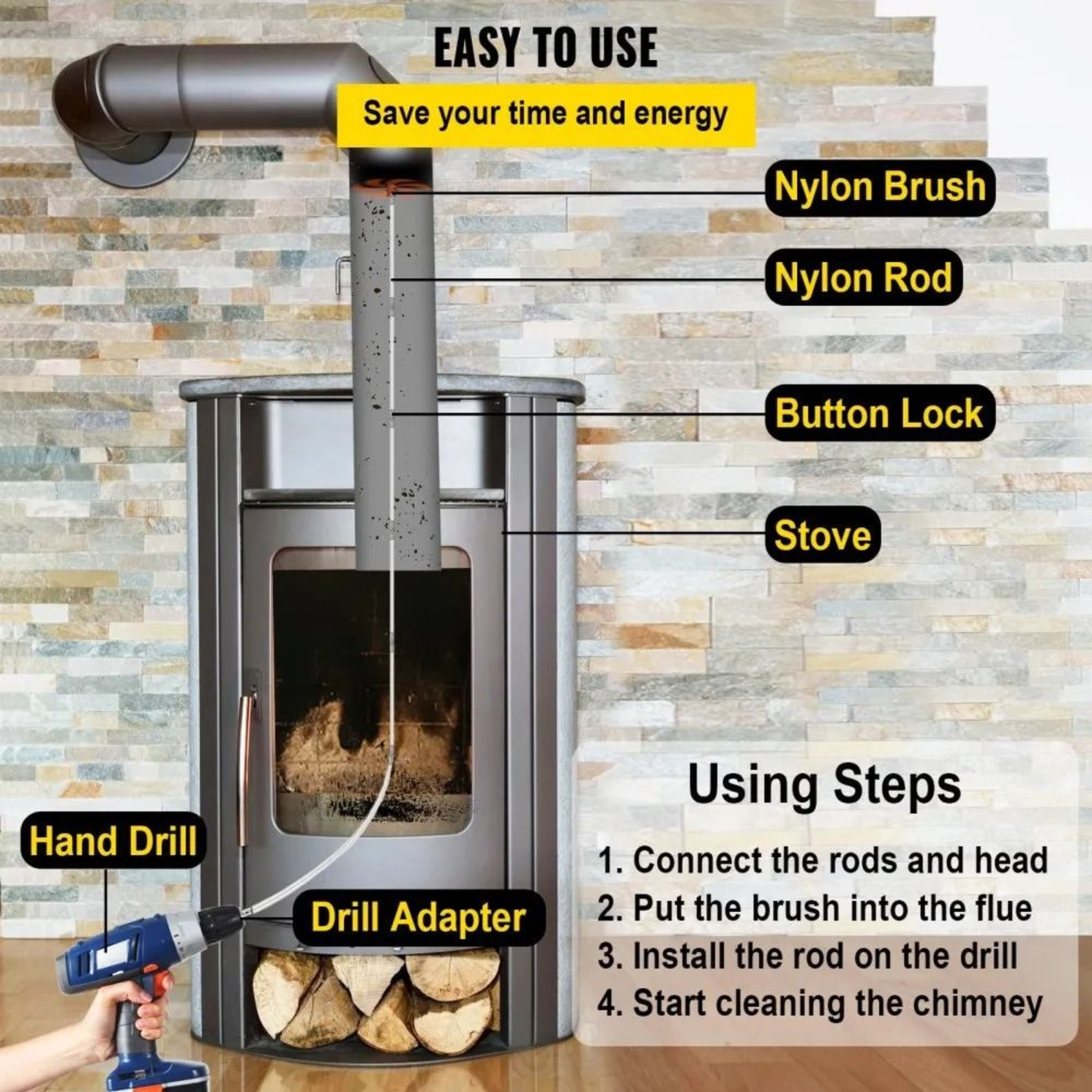 Chimney Sweep Kit 30FT With Drill Powered Rotary Brush And Flexible Rods 1