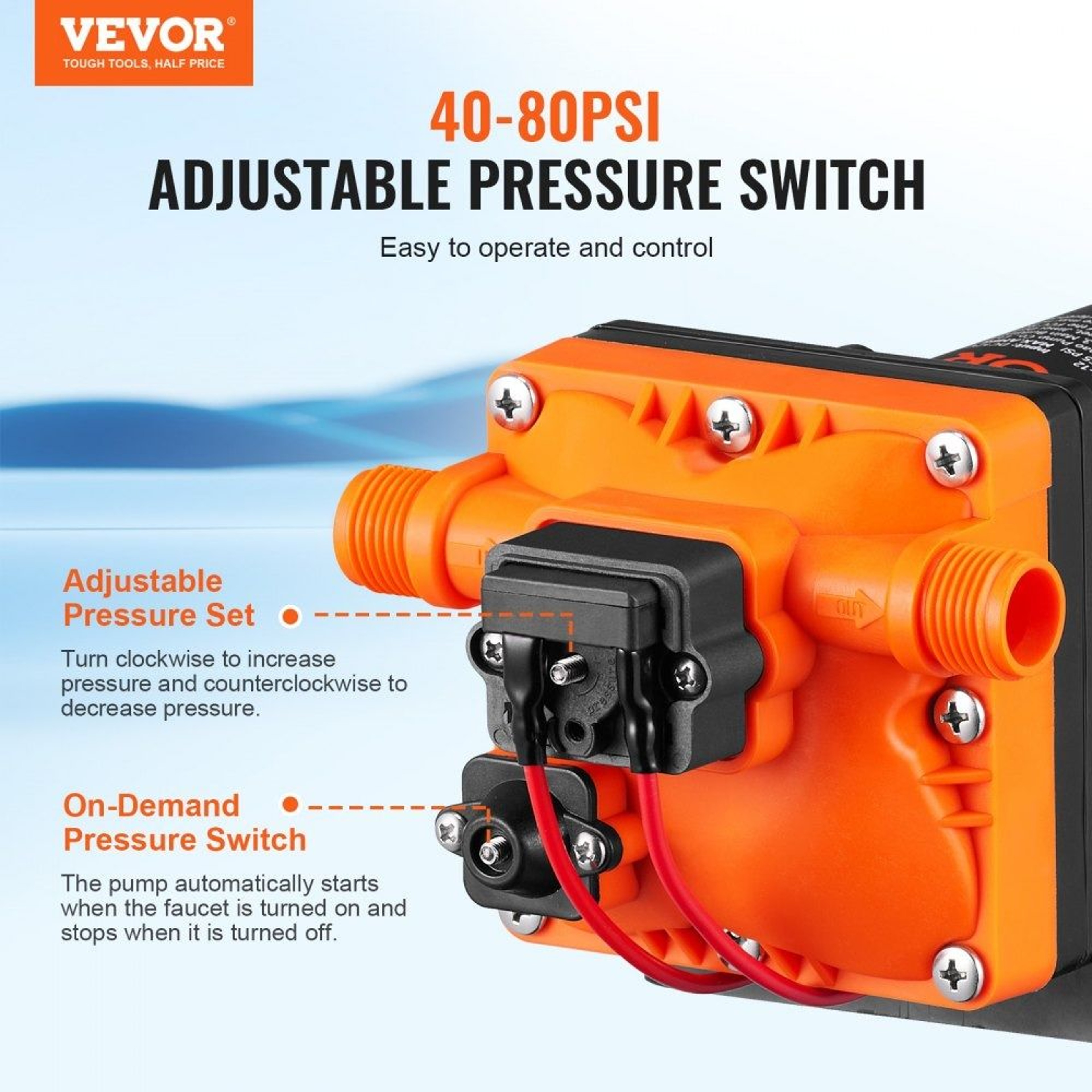 12V Diaphragm Pump 35 GPM Self Priming Water Pump With 55 PSI Pressure Switch For RV Boat Marine 3