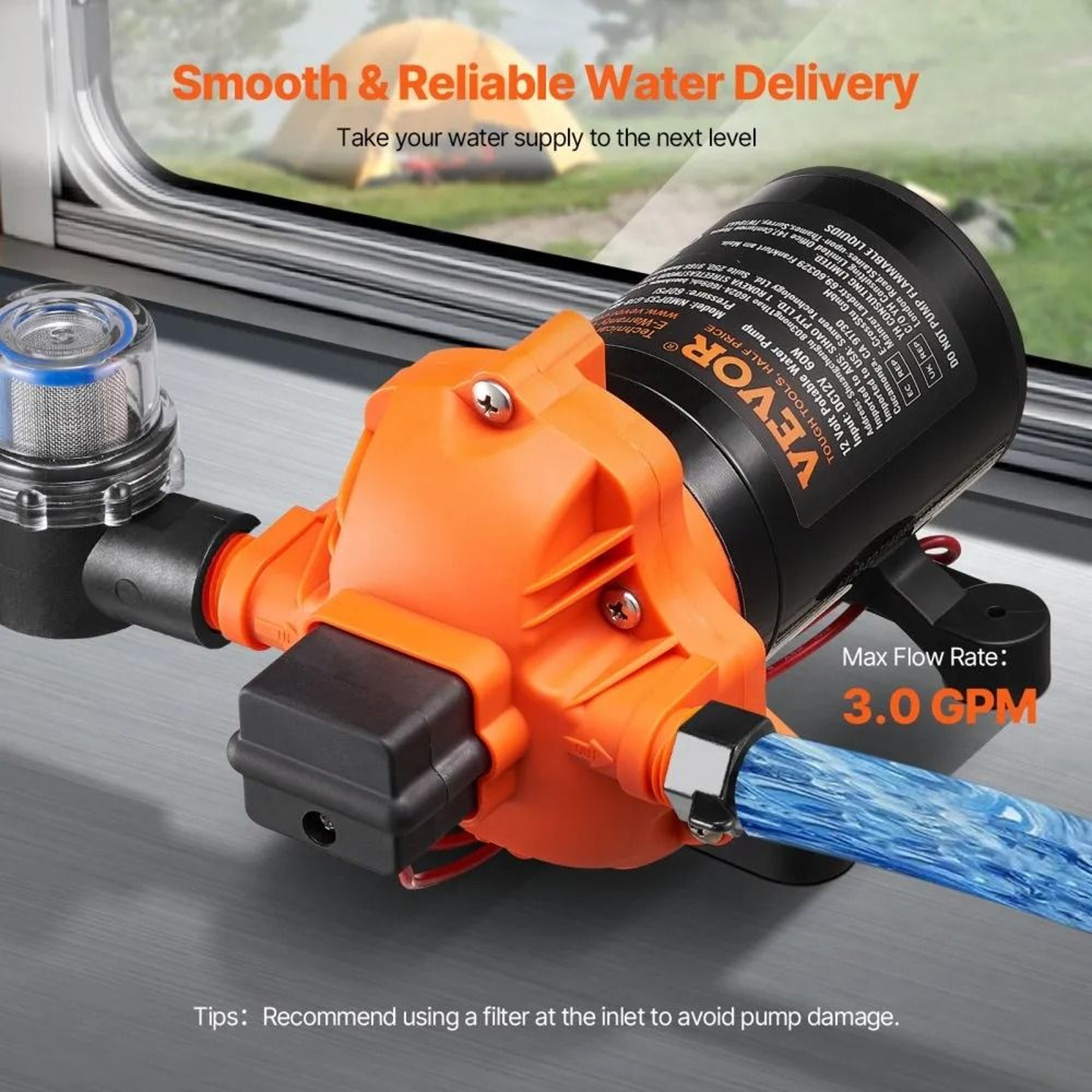 12V Water Pump 3GPM Diaphragm Pump With Adjustable Pressure Switch For RV Marine Camper 3