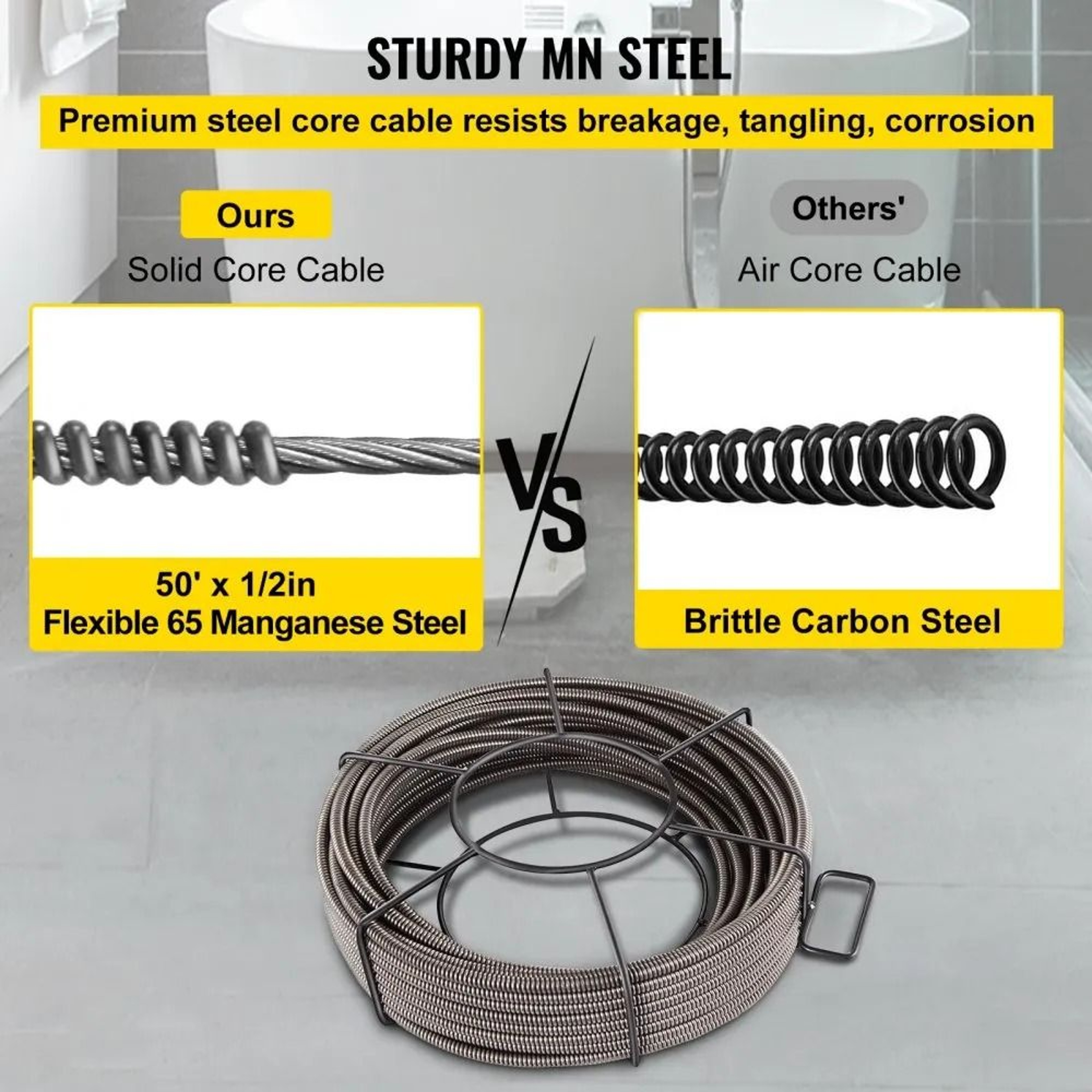 50ft Drain Cleaning Cable 12 Inch Solid Core Sewer Auger Snake 3