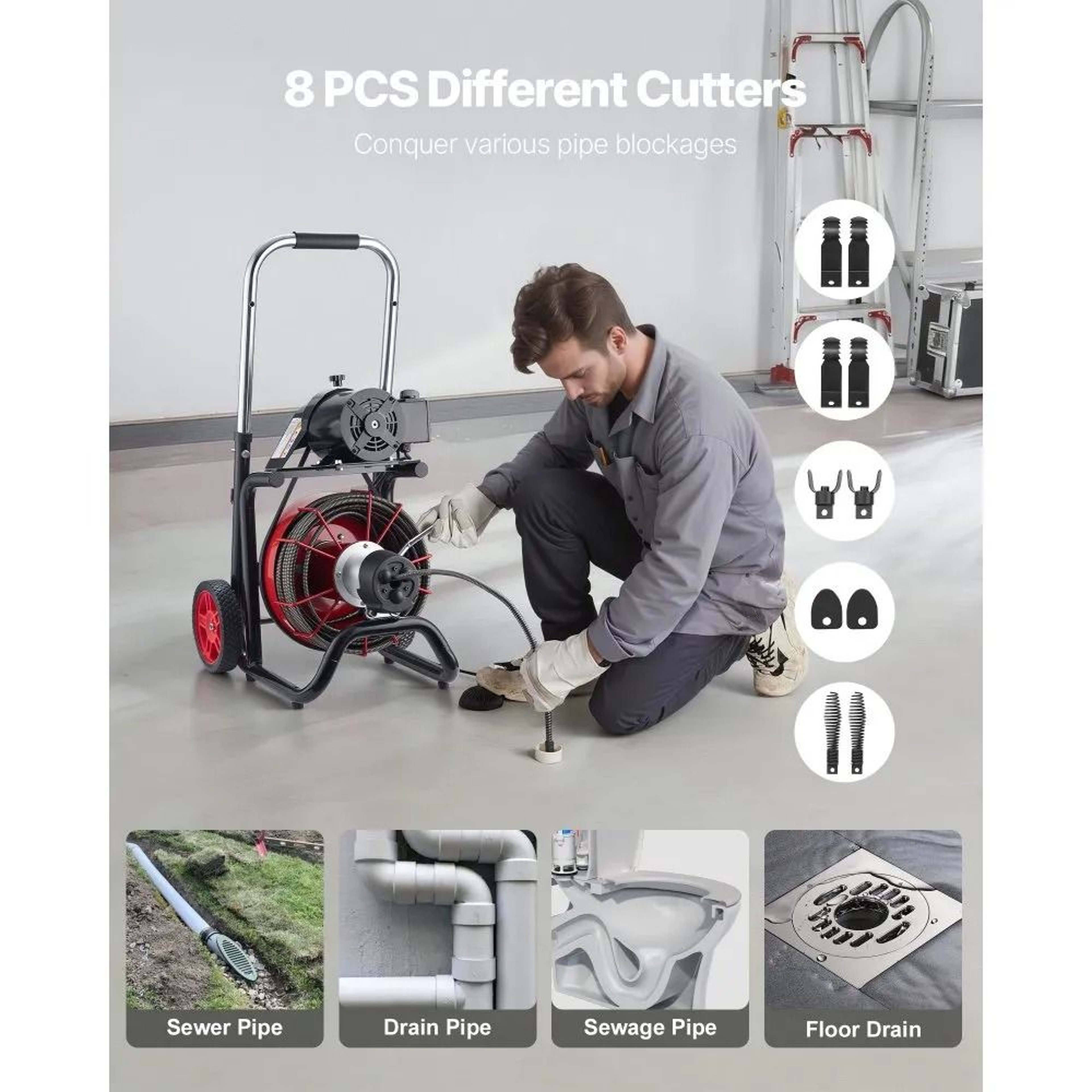 Drain Cleaner Machine 100 FT Auto Feed Sewer Snake Auger With 8 Cutters 3