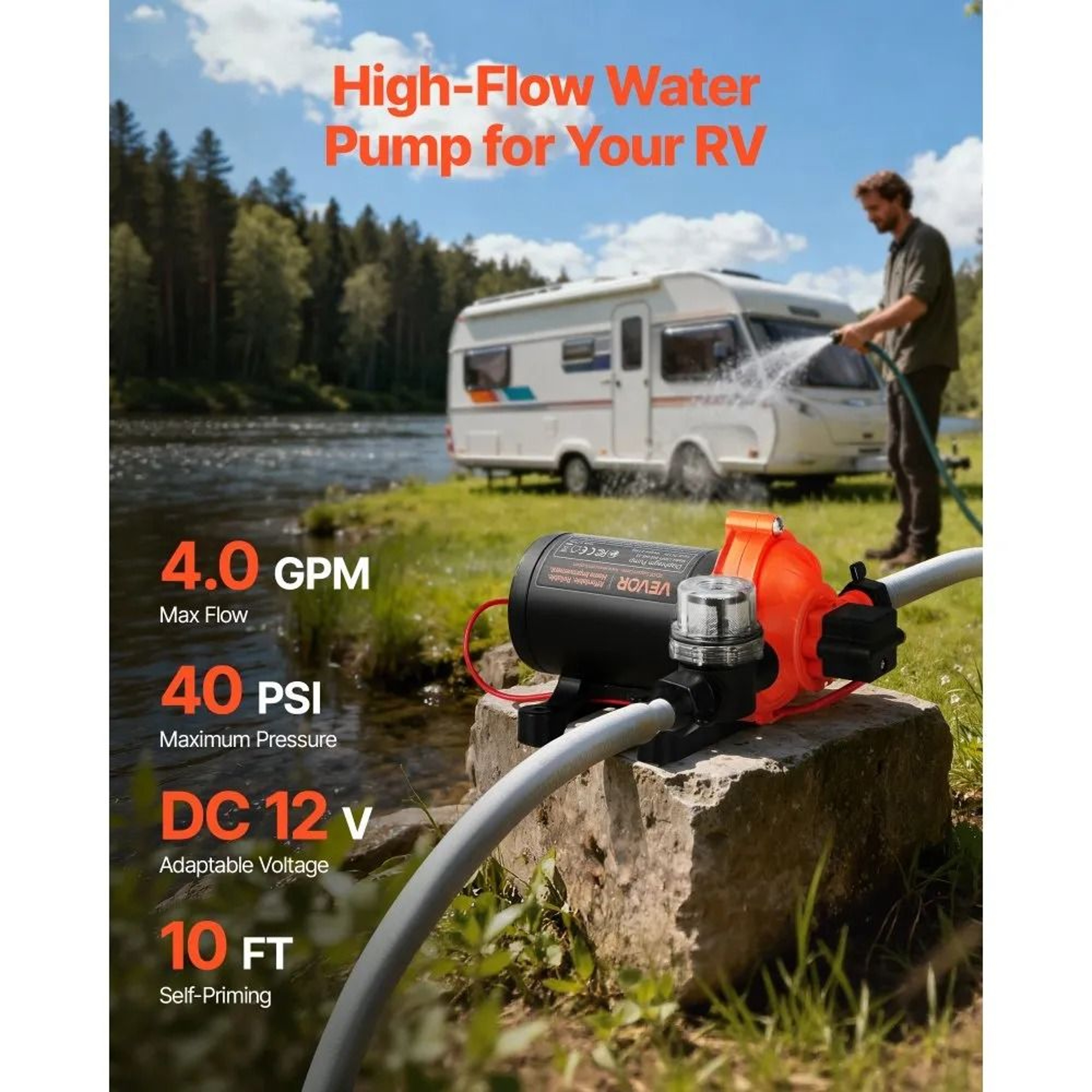 12V RV Water Pump 4 GPM Self Priming Diaphragm Pump With Automatic Pressure Switch 1