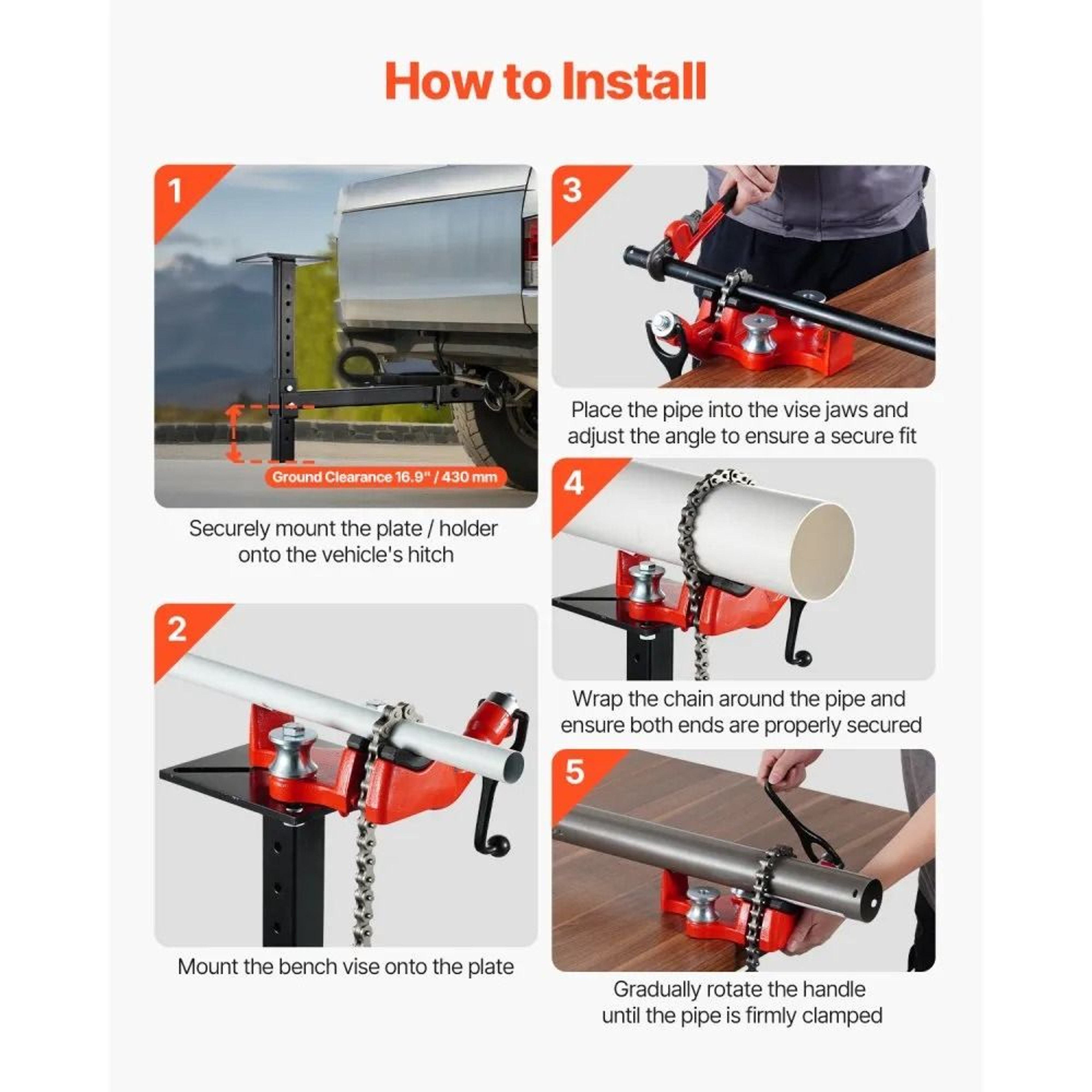 Heavy Duty Pipe Chain Vise 18 To 5 Inch Capacity With Hitch Mount Holder And Adjustable Height 7