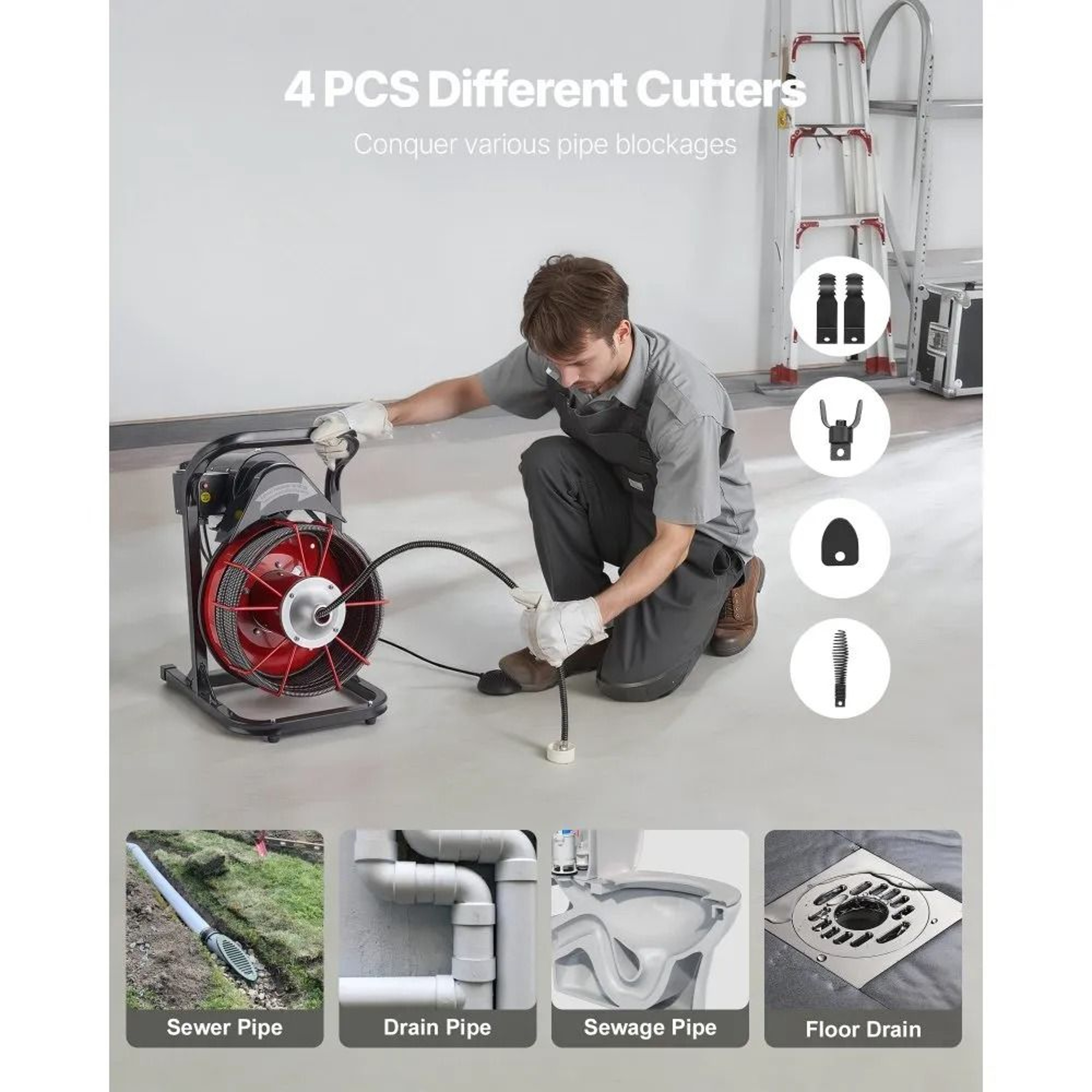 75 FT Drain Cleaner Machine Sewer Snake Auger With 4 Cutters For 2 To 6 Inch Pipes 3