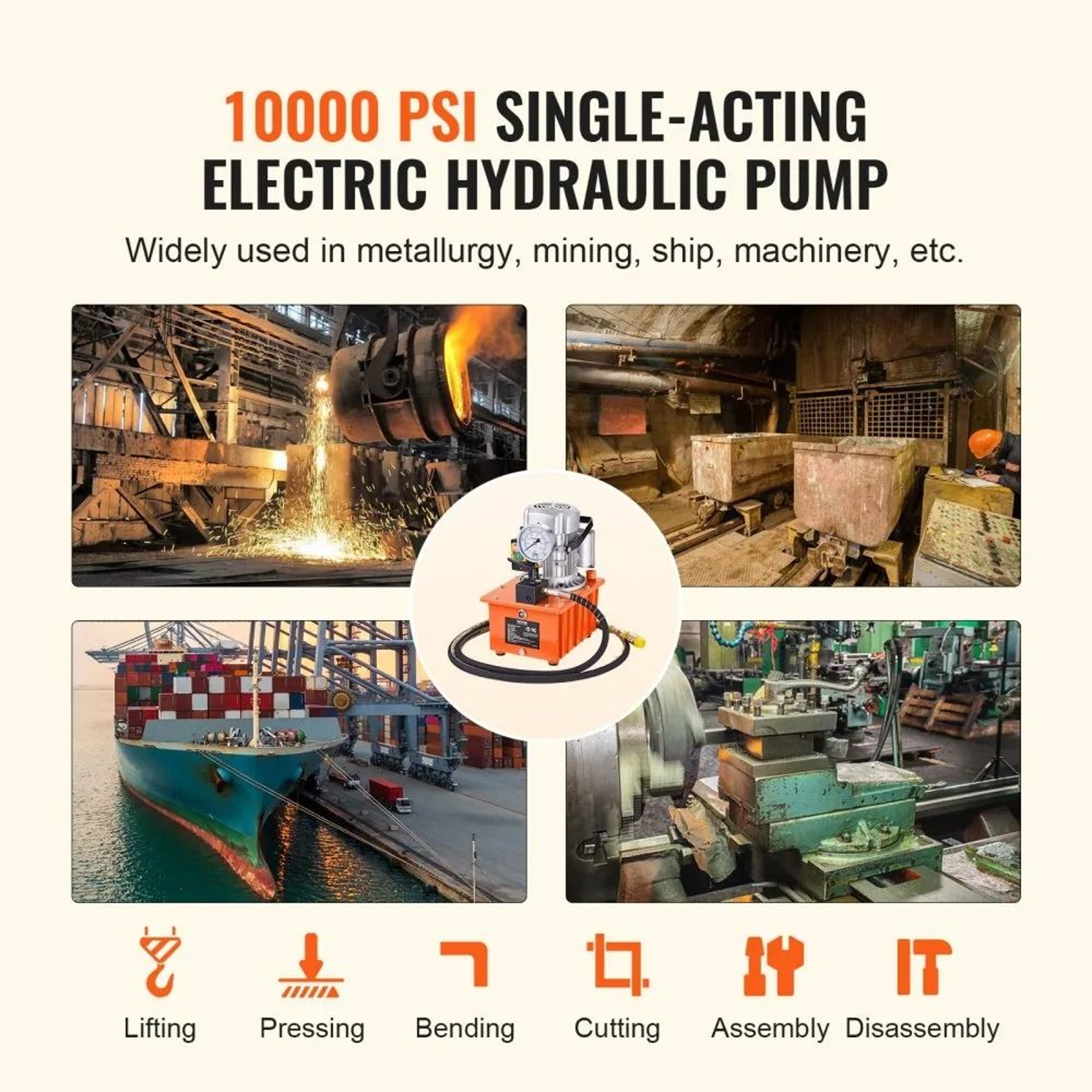 Electric Hydraulic Pump 10000 PSI 750W 110V 8L Single Acting Power Unit 2