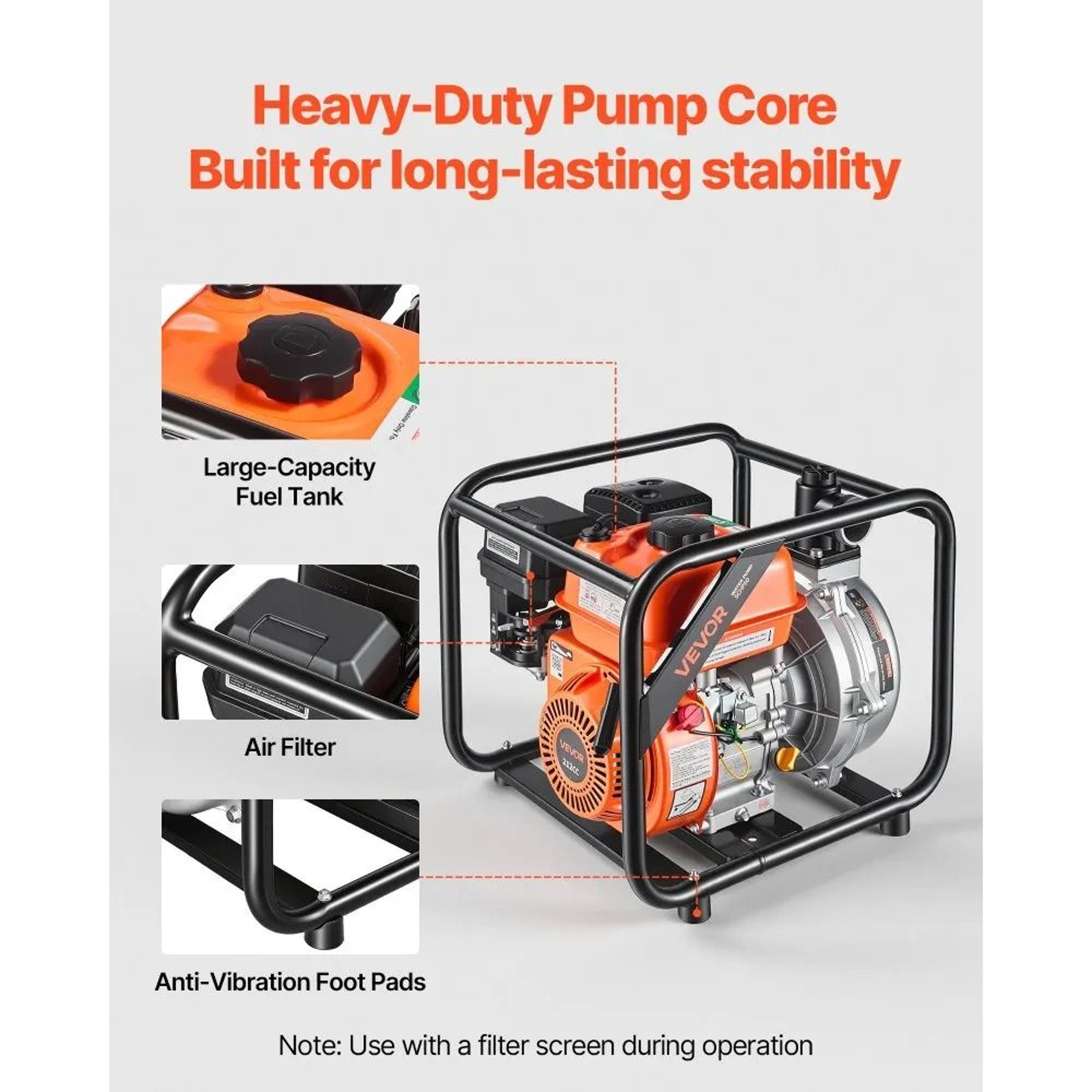 6HP Gas Powered Water Pump 2 Inch 128 GPM Semi Trash Transfer Pump With Hose 3